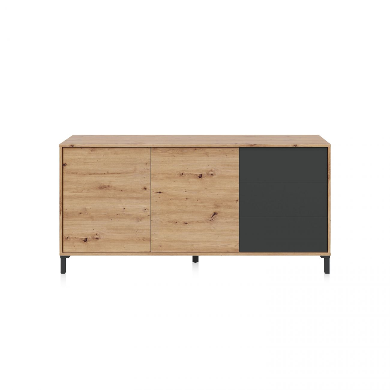 Cómoda de madera con dos puertas y tres cajones oscuros sobre patas negras.