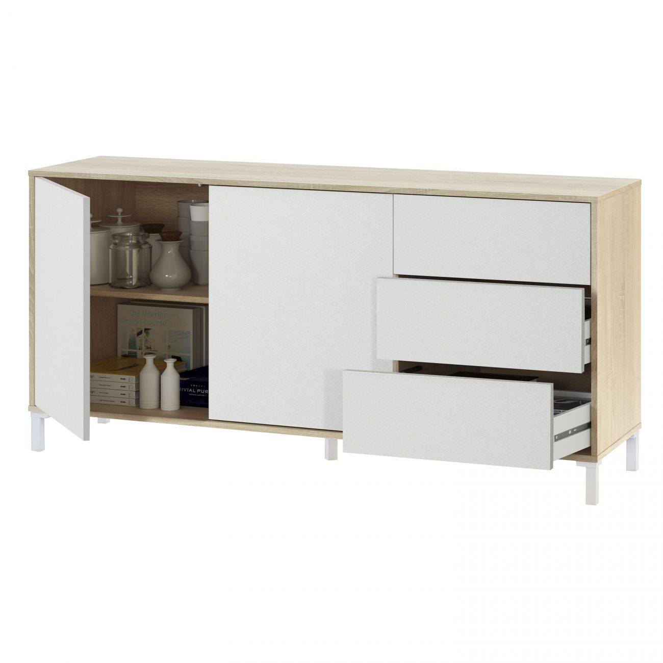 Aparador de madera con puertas y cajones blancos, con jarrones, libros y decoración.