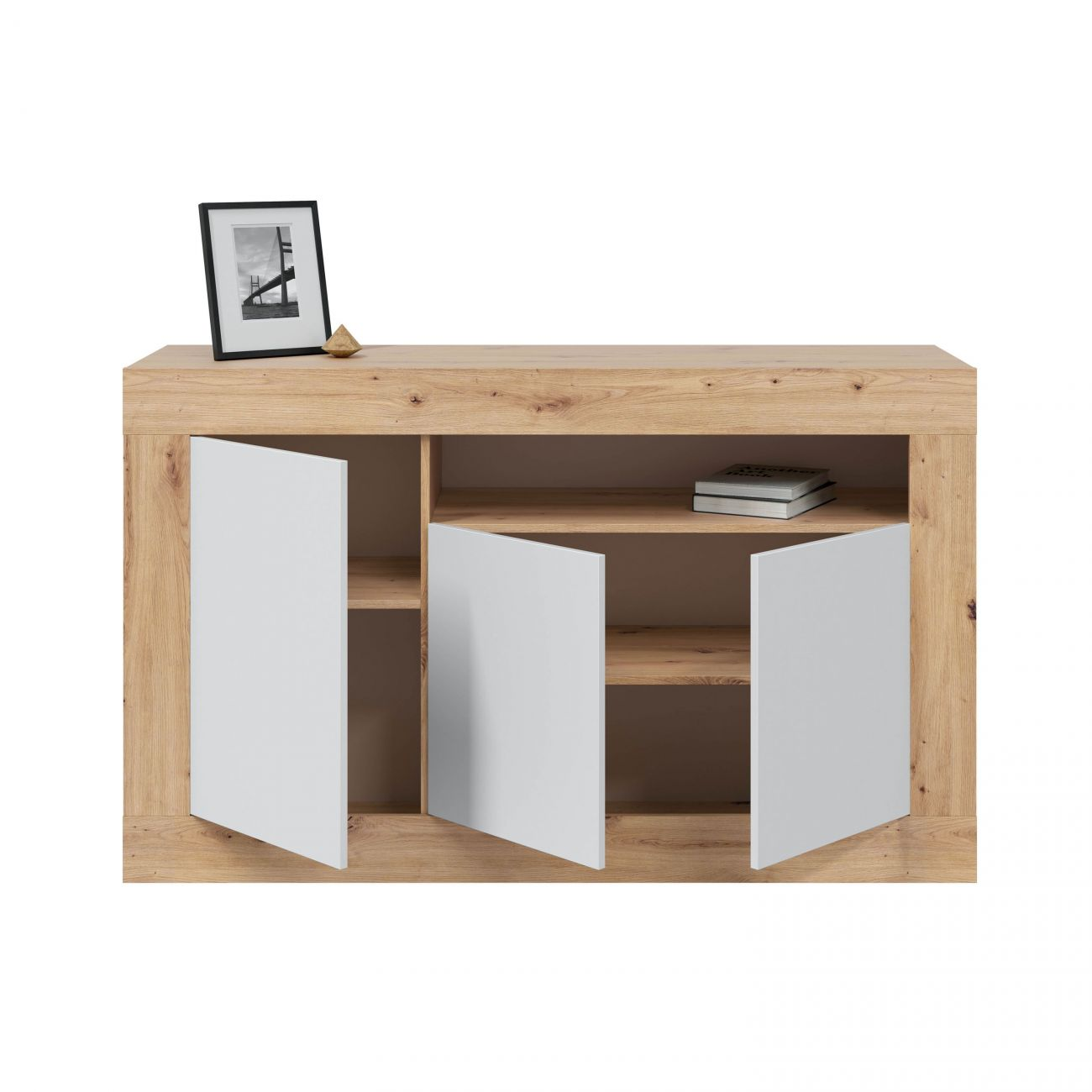 Un mueble de madera con puertas blancas abiertas. Un cuadro y una escultura encima.