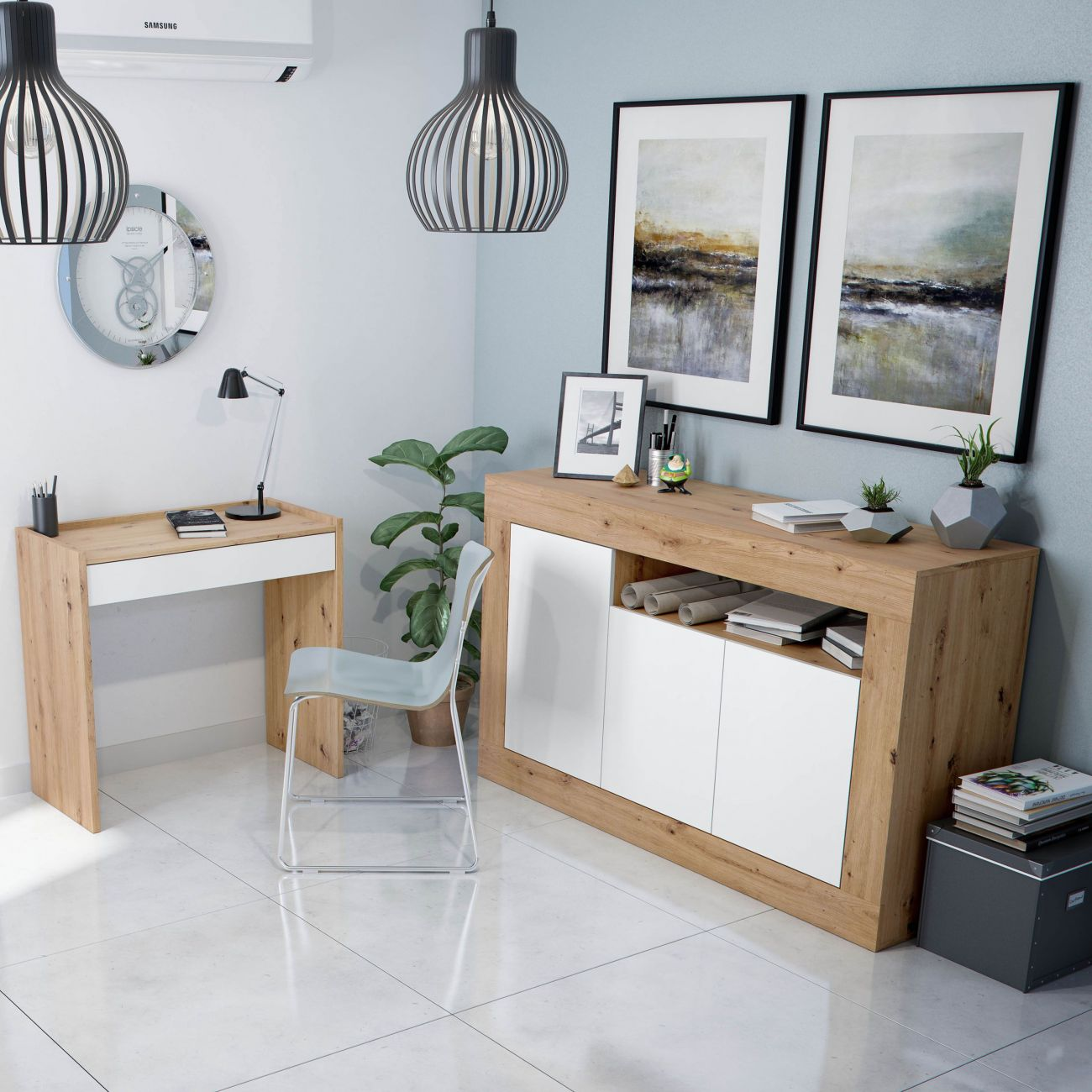 Oficina moderna con escritorio de madera, silla, armario, cuadros y lámpara.