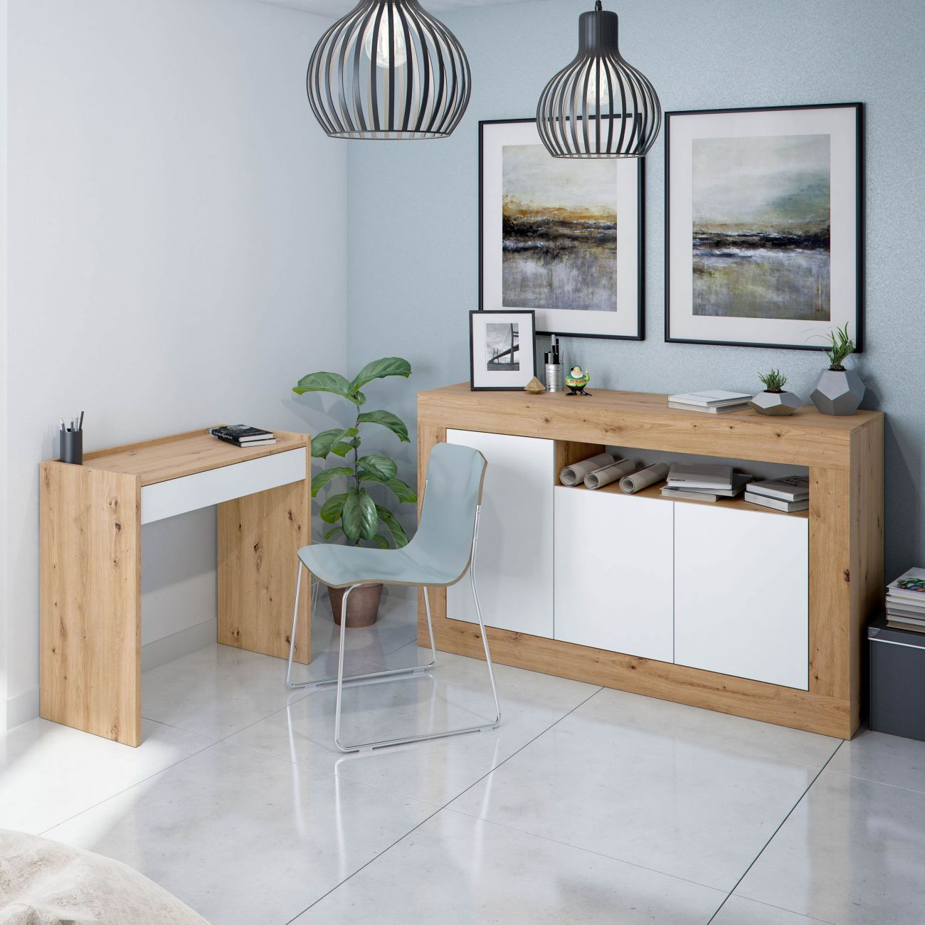 Oficina moderna con acabado en madera: escritorio, silla, aparador, plantas, cuadros.