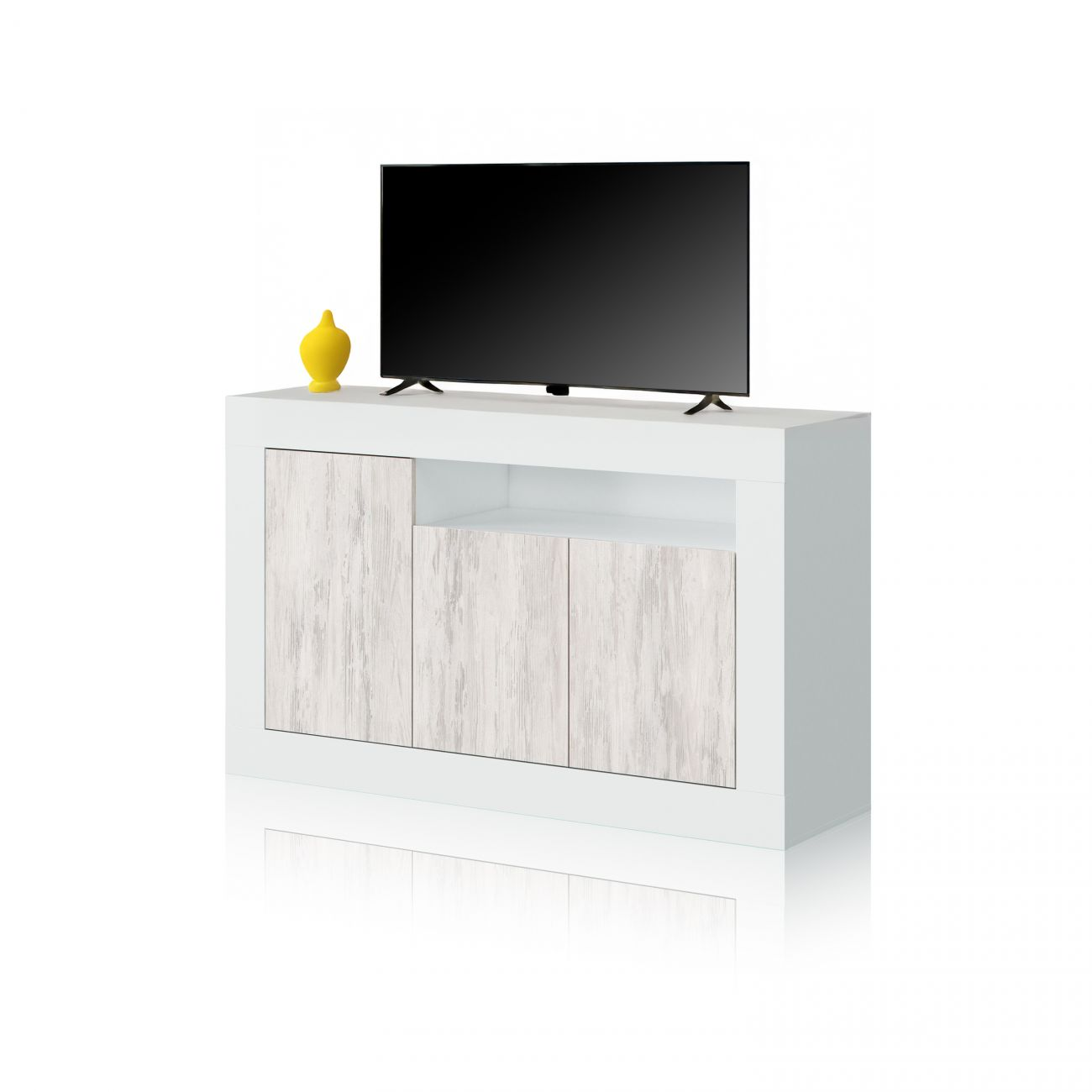 Un mueble de TV blanco con puertas de madera, un televisor y un jarrón amarillo.