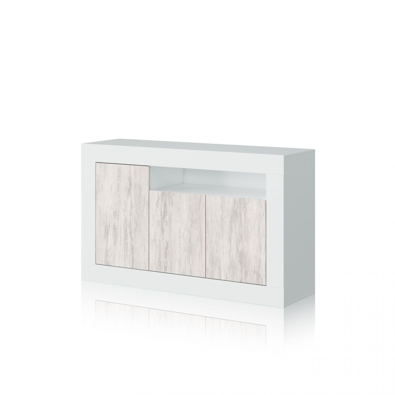 Un armario blanco con puertas de madera y un estante abierto.