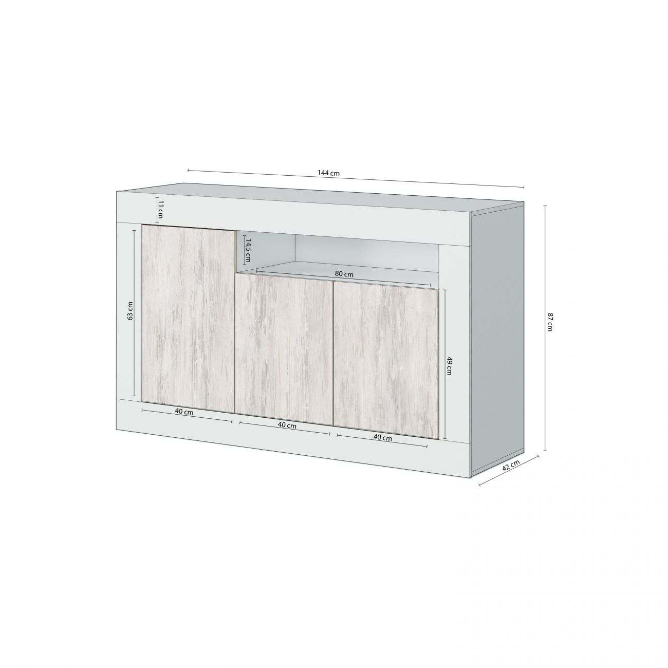 Cómoda blanca con puertas de madera, se muestran las dimensiones.