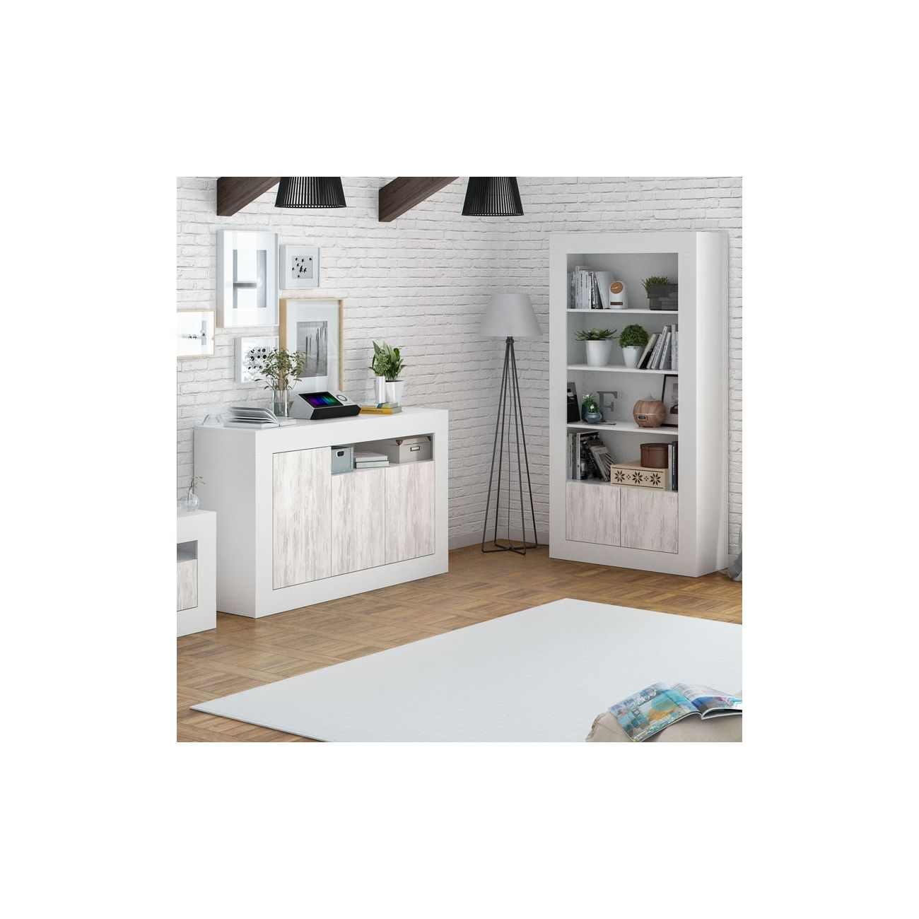 Una sala de estar moderna con paredes de ladrillo blanco, muebles blancos y una alfombra blanca grande.
