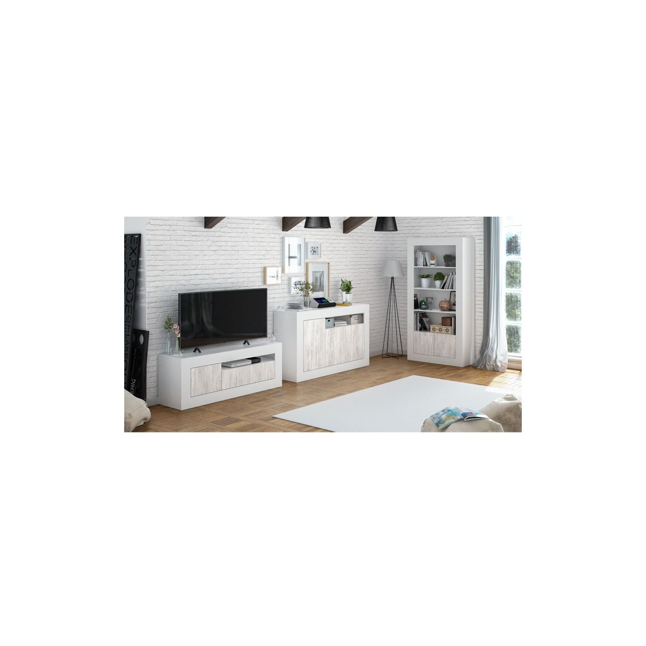 Sala de estar con alfombra blanca, mueble de TV, estantería y ventanas.