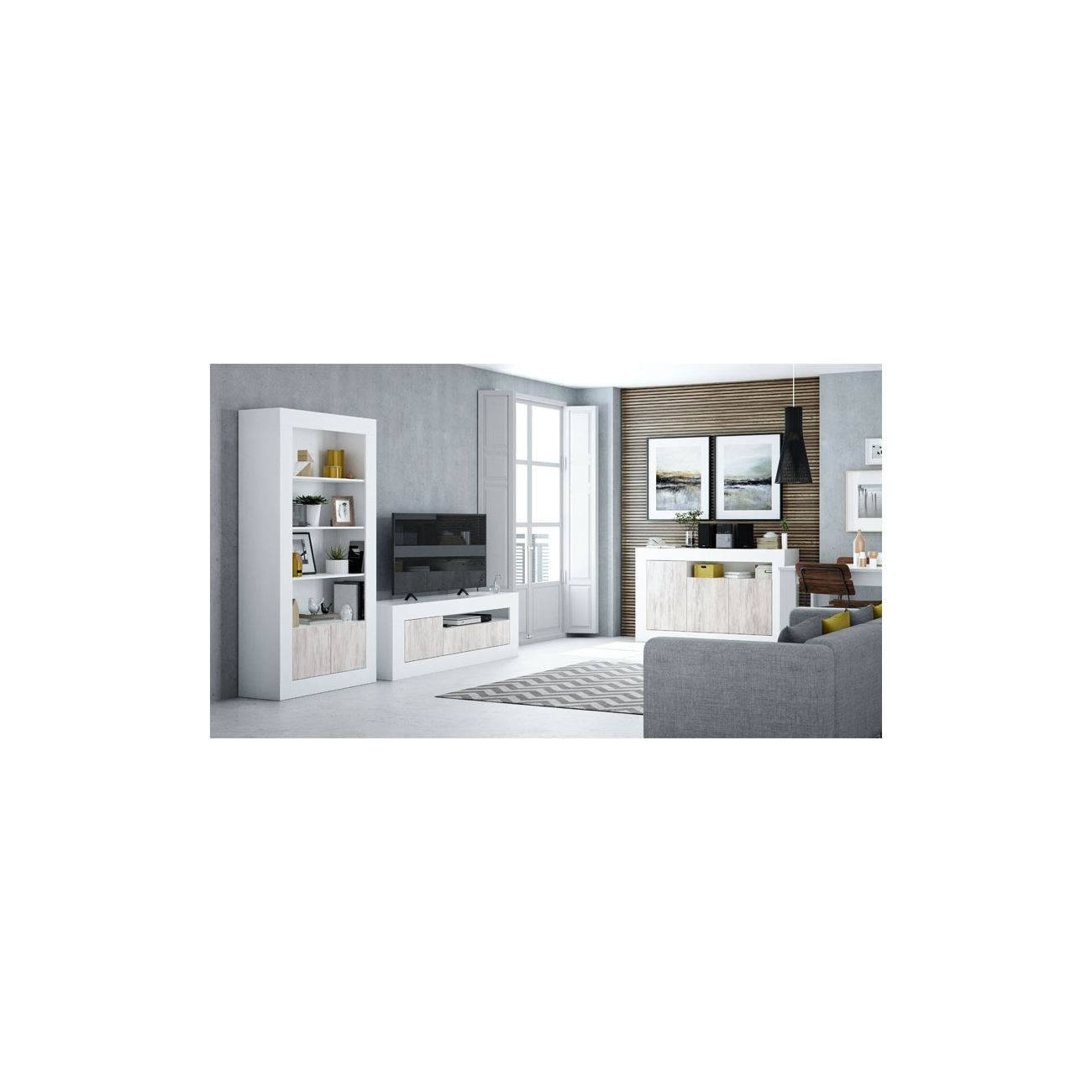Sala de estar moderna con estantería blanca, mueble TV, sofá y pared de madera.