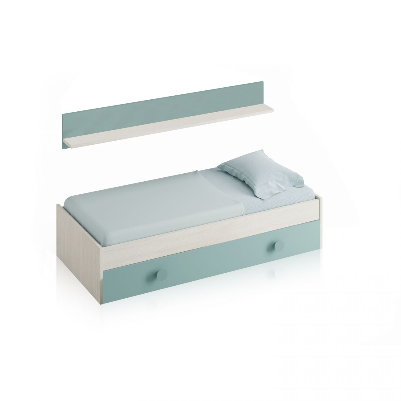 Una cama de madera clara con cajones verde menta y una almohada.