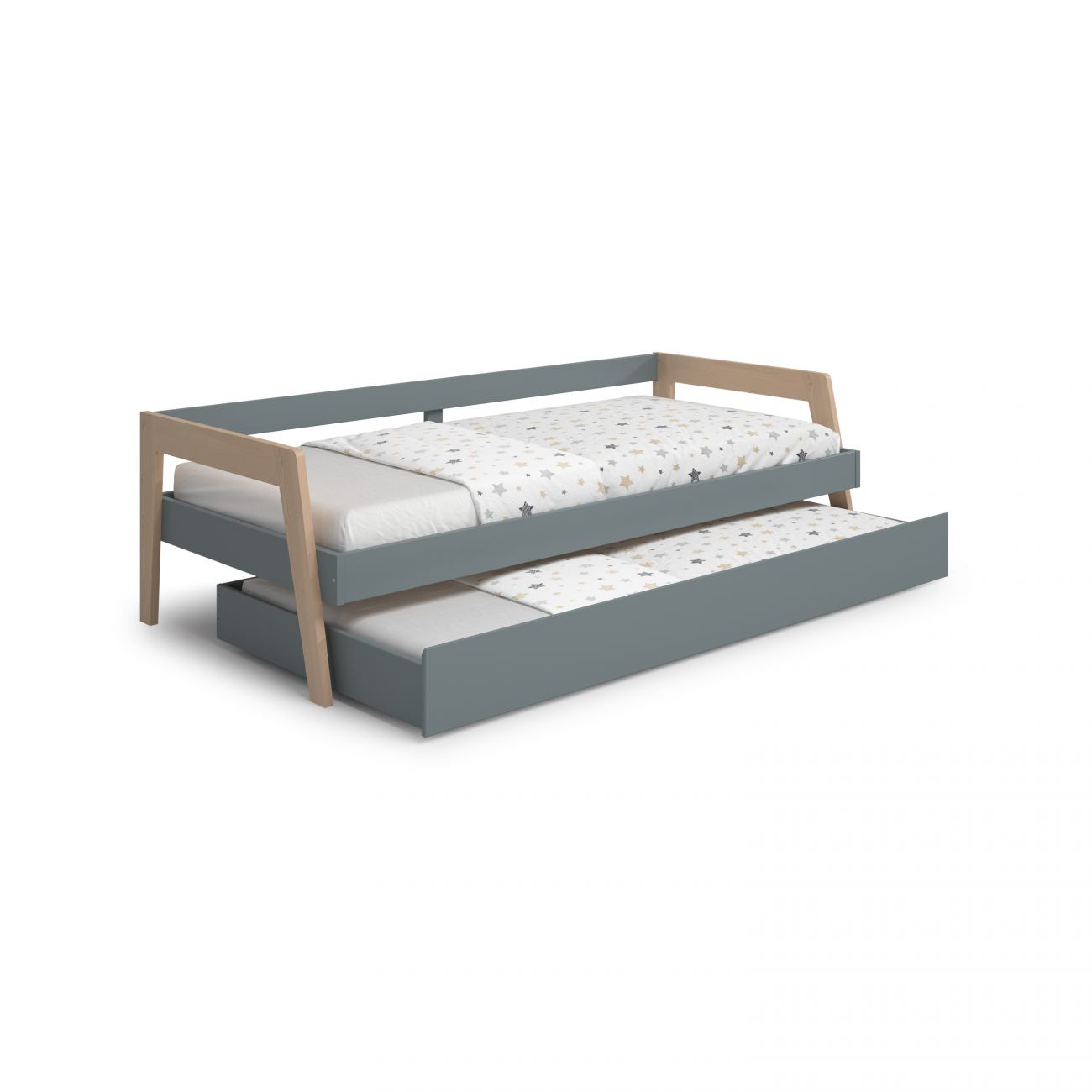 Cama de día gris con cama nido extraíble, ropa de cama con estrellas.