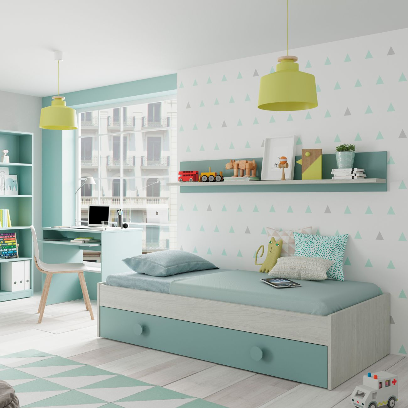 Habitación infantil con cama, escritorio y estantería. Dominan los colores claros.