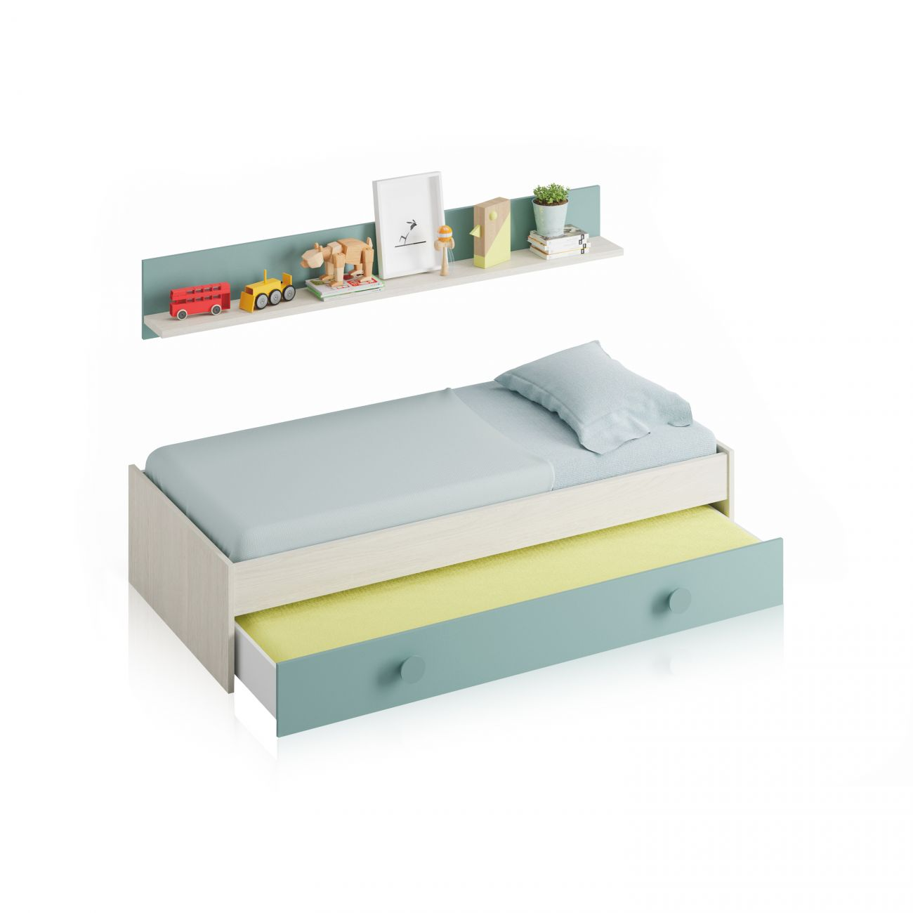 Una cama con cama nido extraíble y estante de pared con juguetes.
