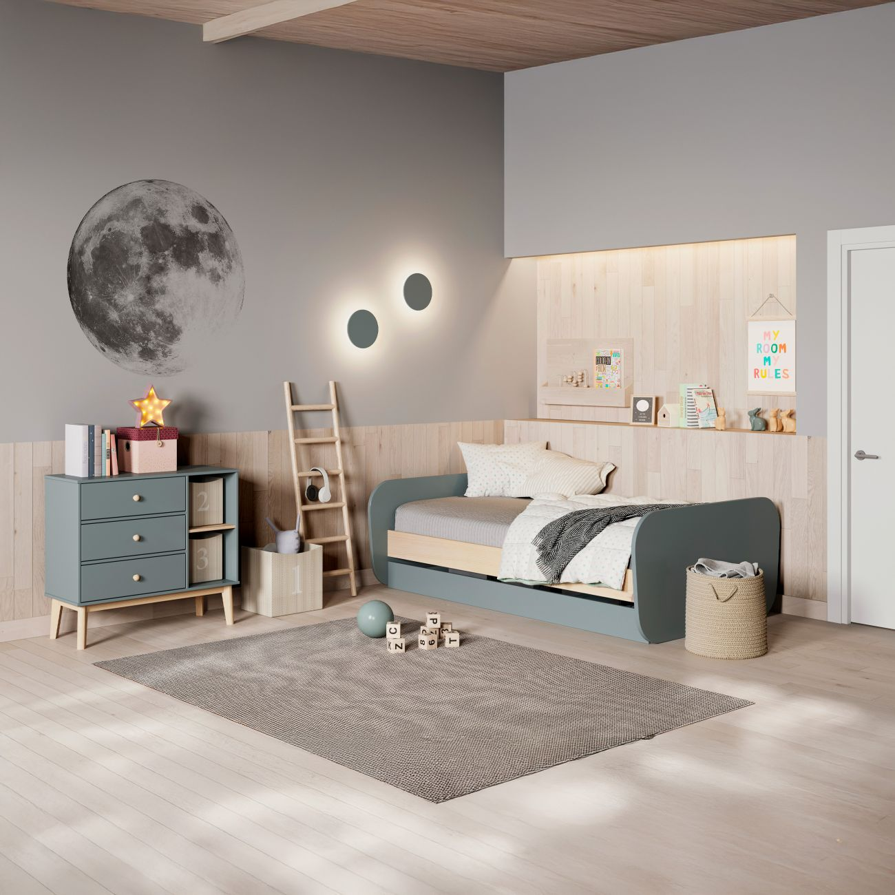 Habitación infantil con cama, cómoda, escalera y pegatinas de luna.