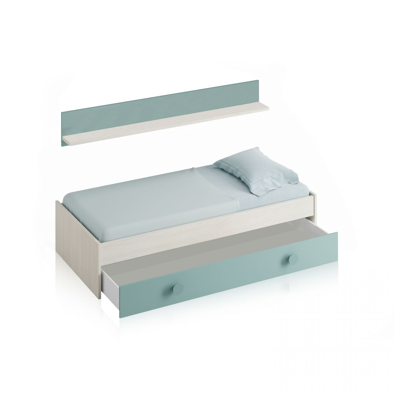 Una cama infantil con cajón y estante de pared en azul claro y acabado madera.