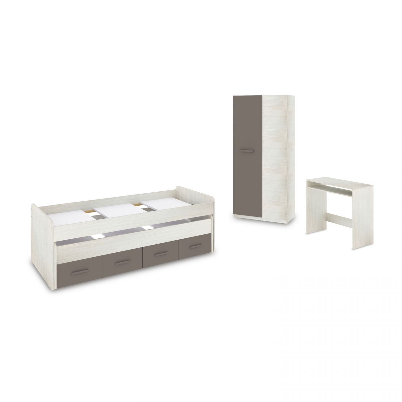 Una cama con cajones, un armario y una mesa sobre fondo blanco.