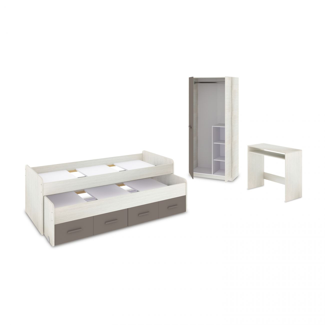 Muebles de madera: cama con cajones, armario y escritorio.