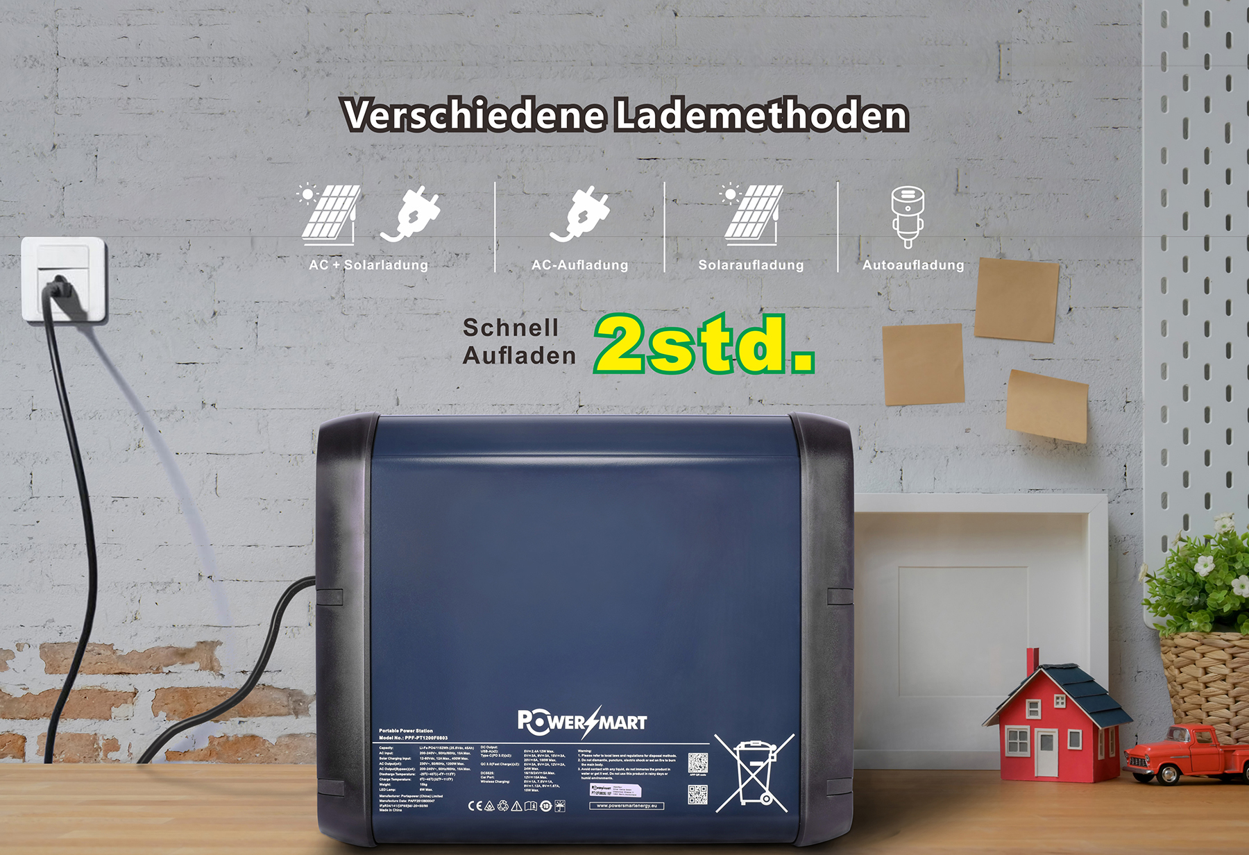 Ein blaues Kraftwerk steht auf einem Tisch. Ladeoptionen werden gezeigt.