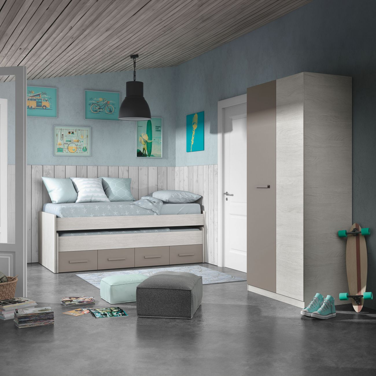 Habitación infantil con cama nido, armario, monopatines y cuadros en la pared.