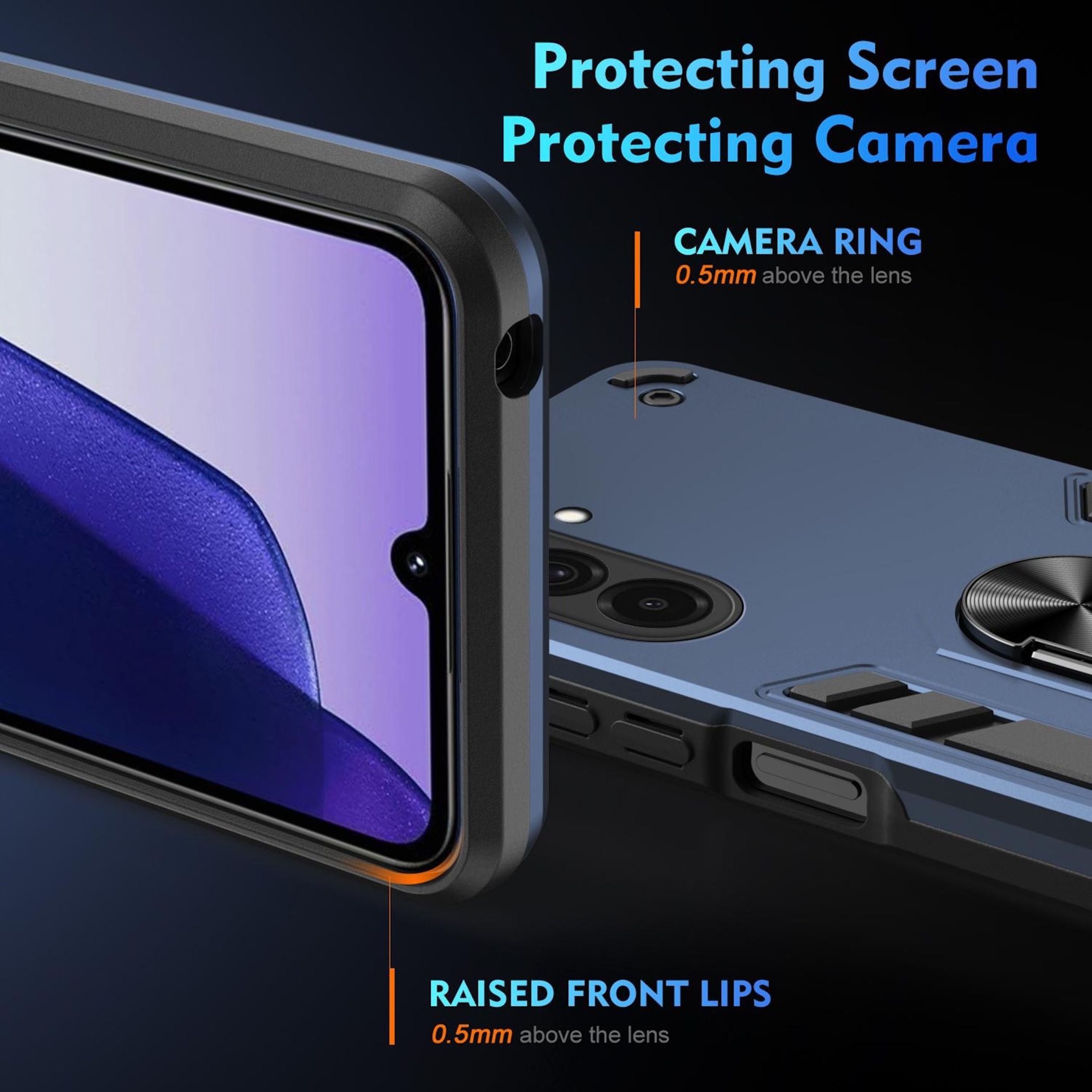 Una funda de teléfono azul con bordes elevados y anillo de cámara.