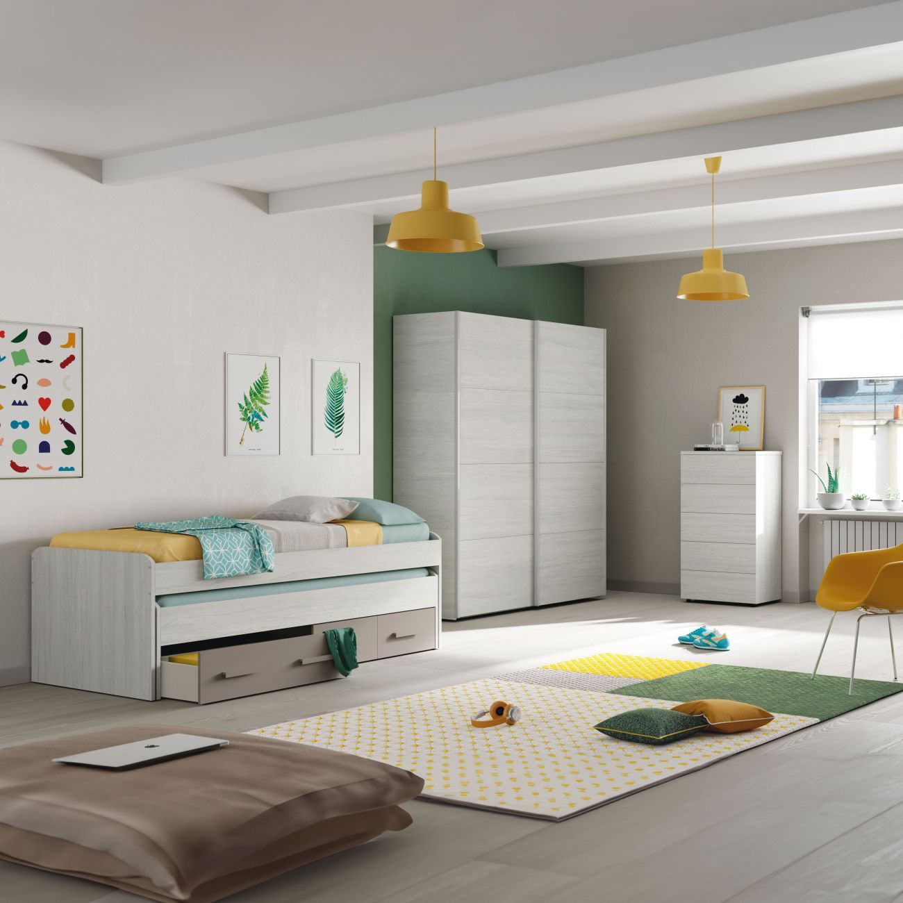 Un dormitorio moderno con cama nido, armario, alfombras y silla amarilla.