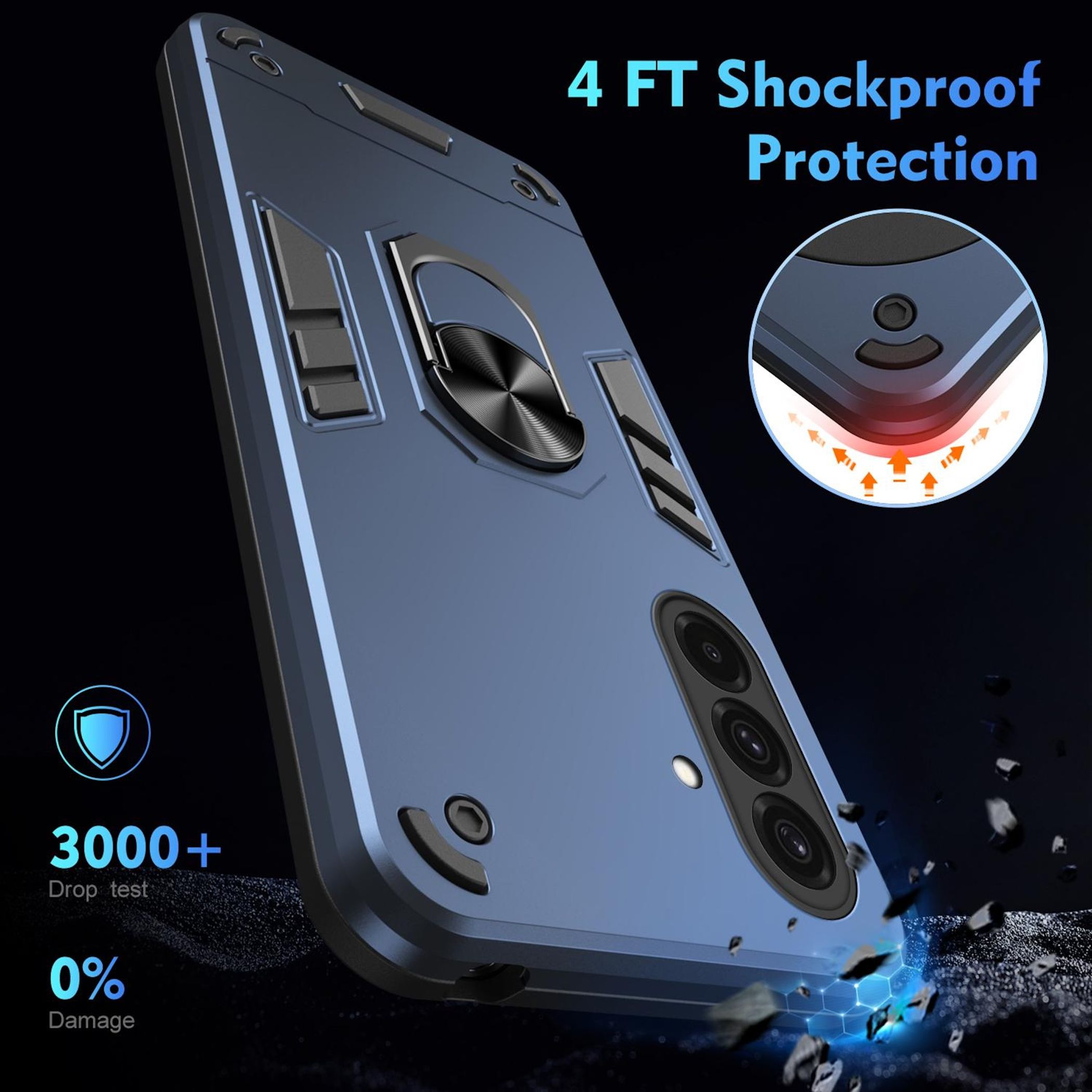 Funda azul para teléfono con soporte de anillo, protección contra caídas de 4 pies.