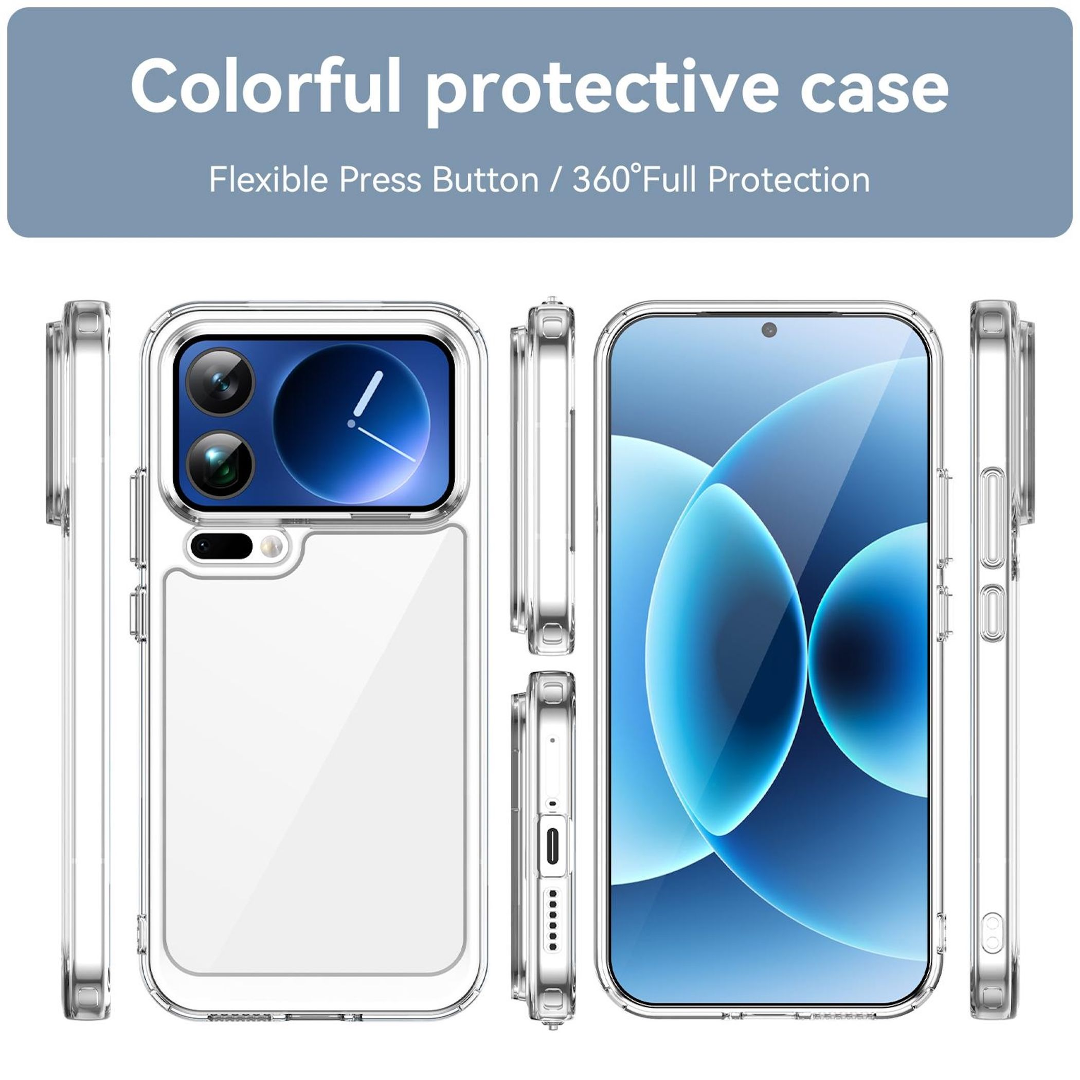 Funda protectora transparente para un smartphone mostrando cámaras y pantalla.