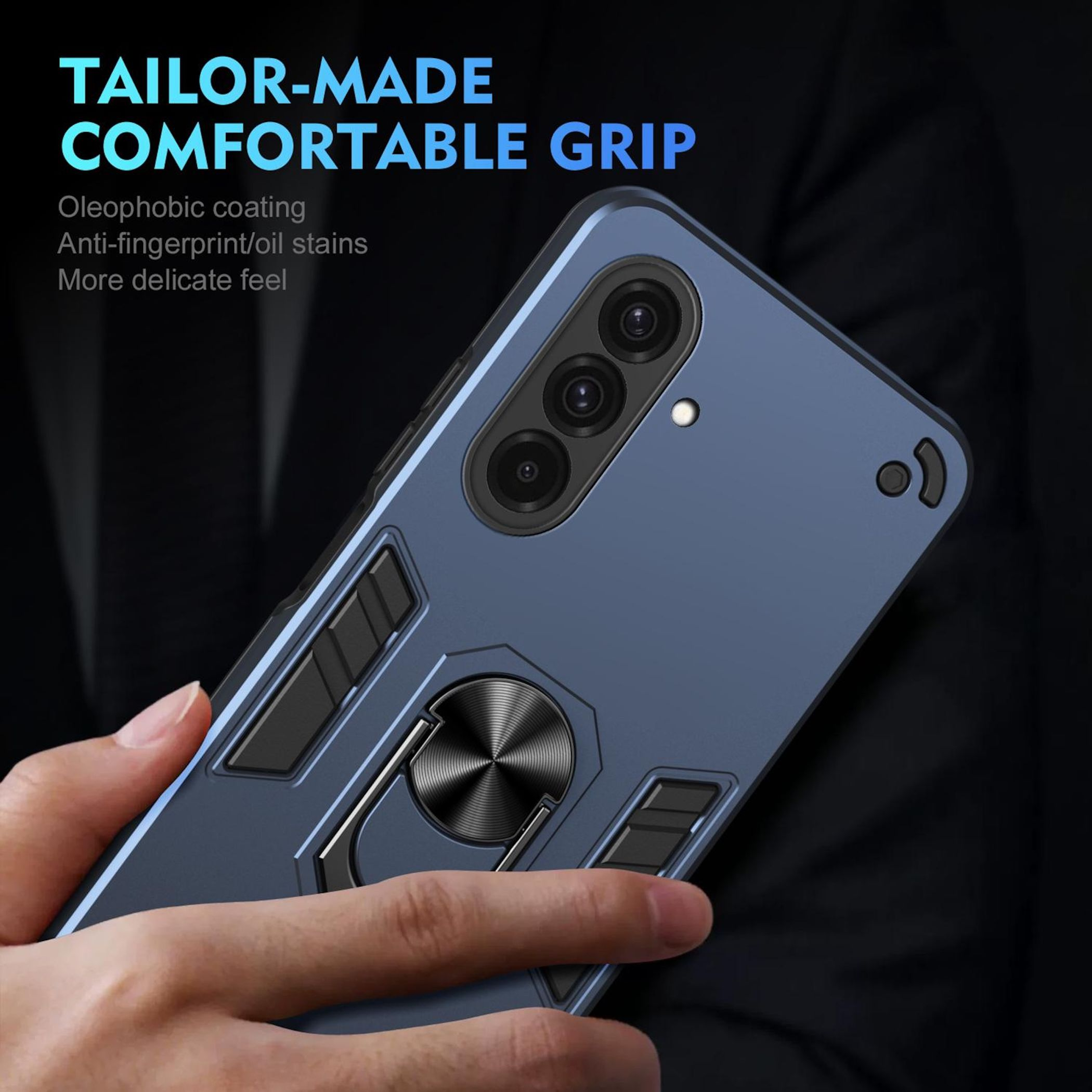 Funda de teléfono azul oscuro con soporte de anillo, sostenida por una mano.