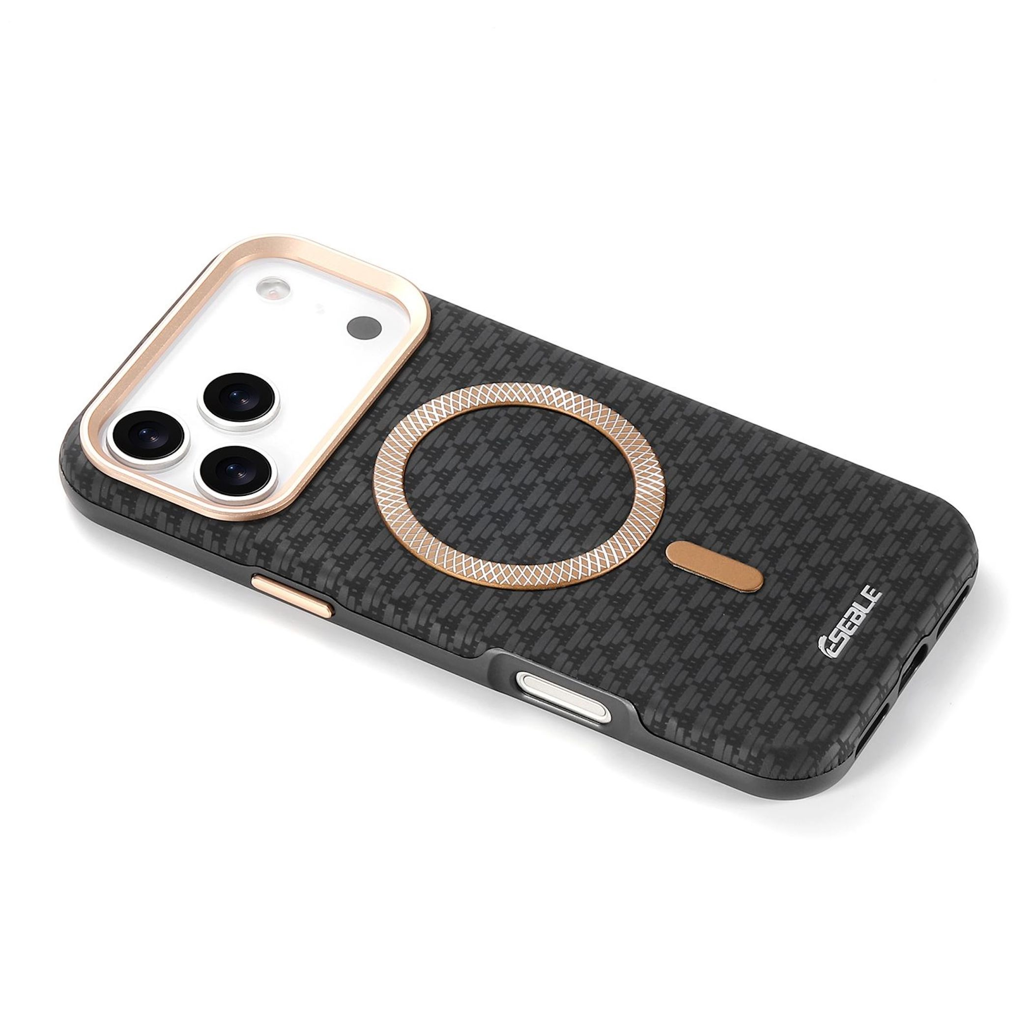 Funda de teléfono negra con anillo magnético y recorte de cámara.
