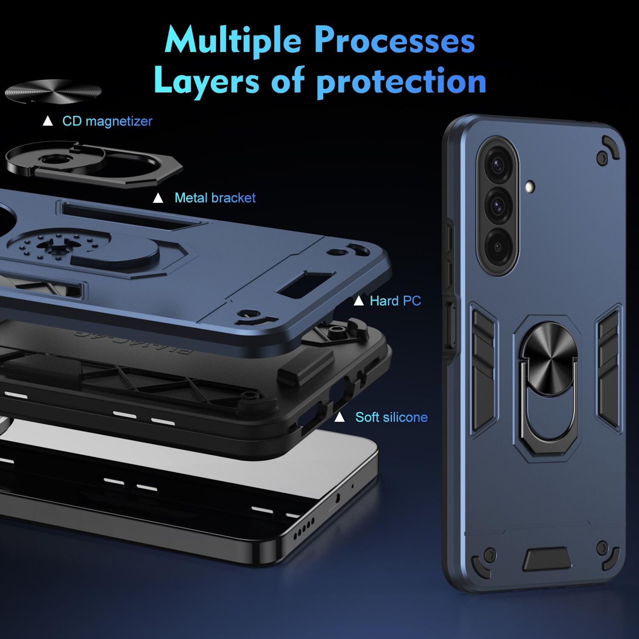 Funda de teléfono azul en capas, con soporte metálico y magnetizador.