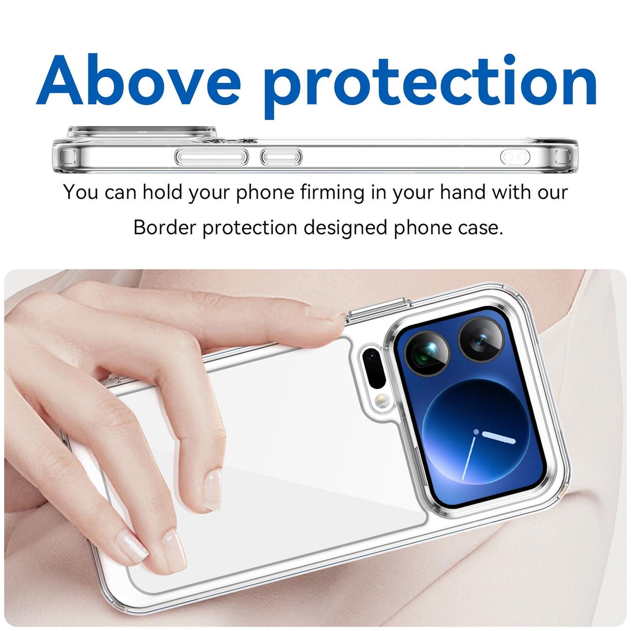 Una mano sostiene una funda transparente para teléfono con un smartphone.