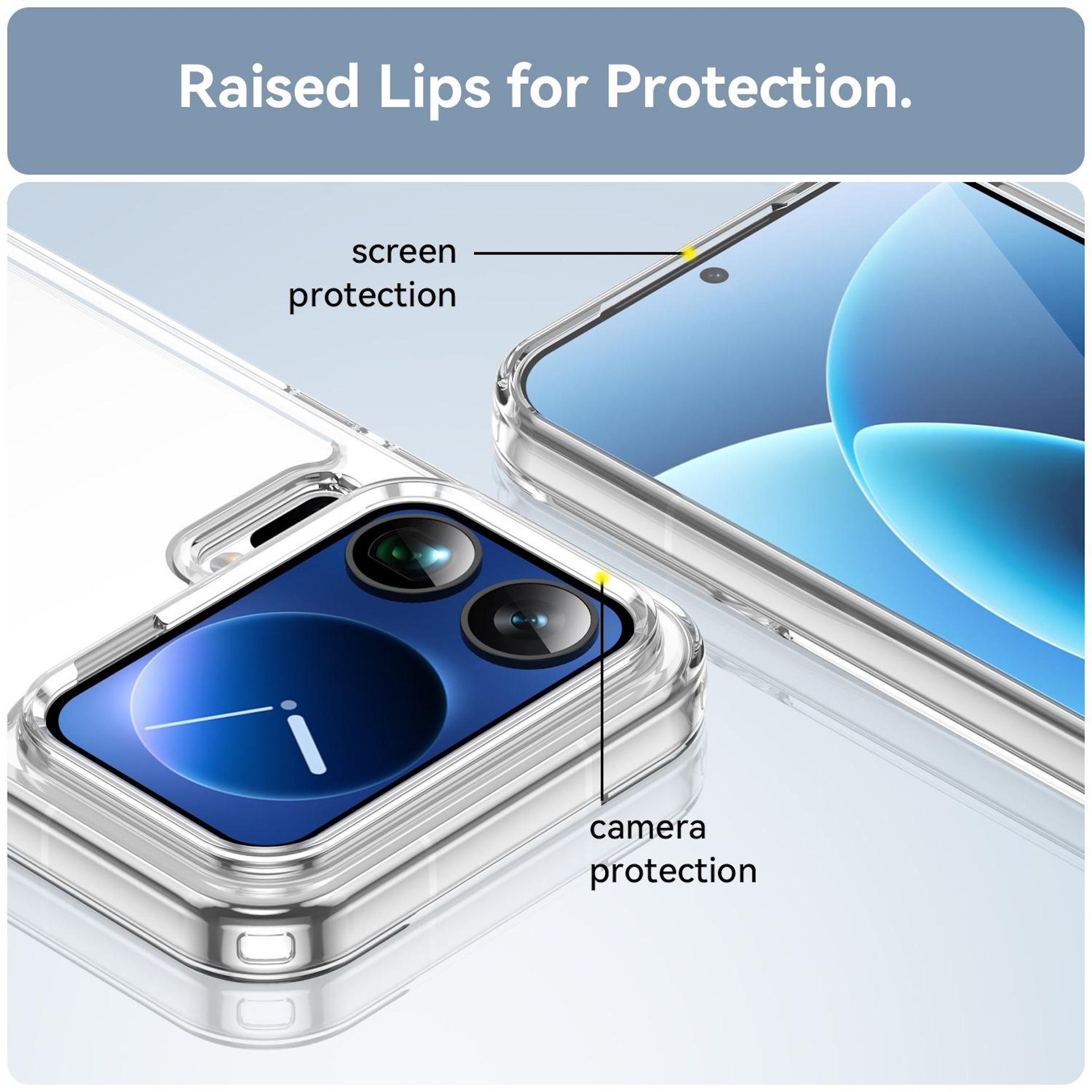 Funda de teléfono transparente con bordes elevados para protección de cámara y pantalla.