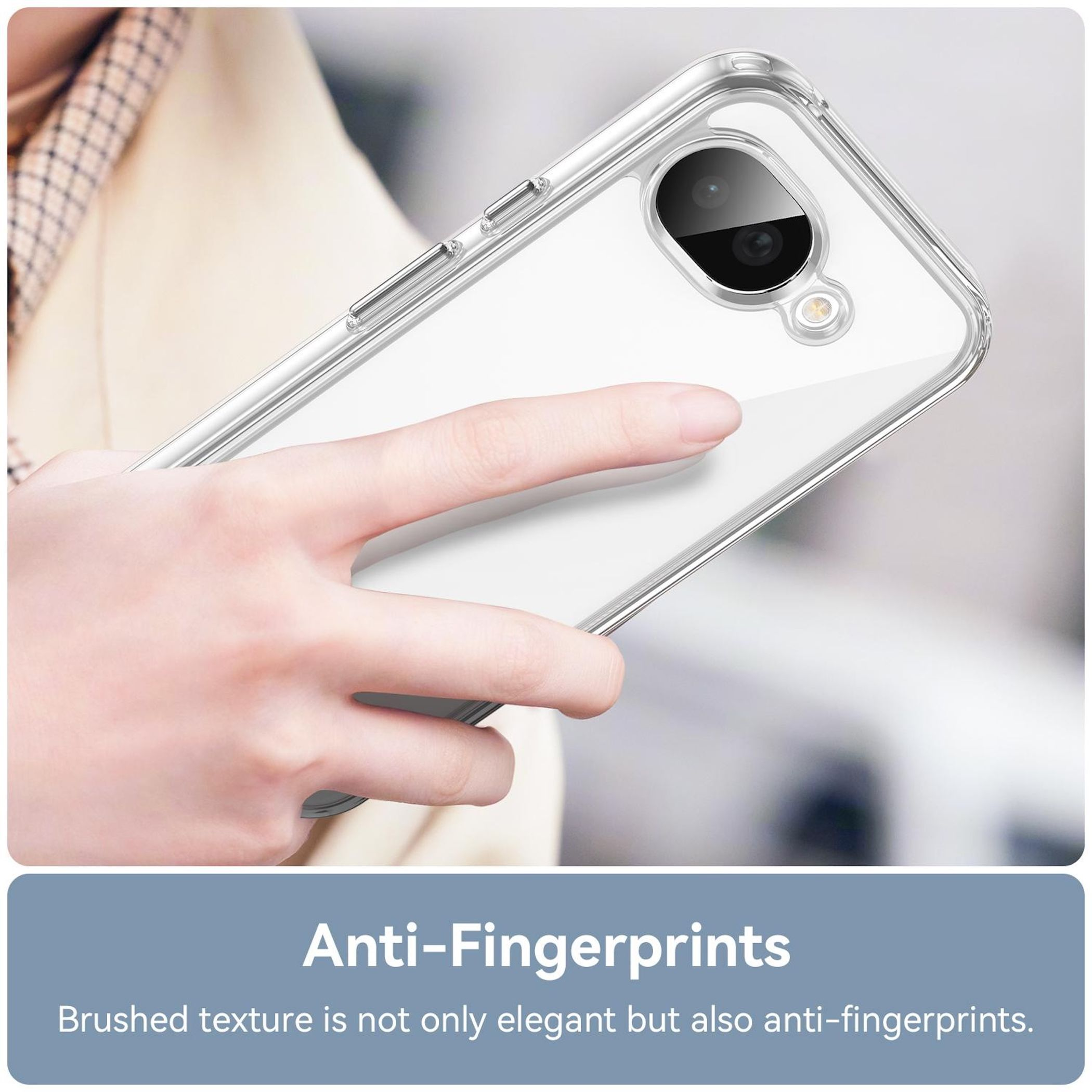 Klare Handyhülle mit Kamera und Finger auf der Rückseite.