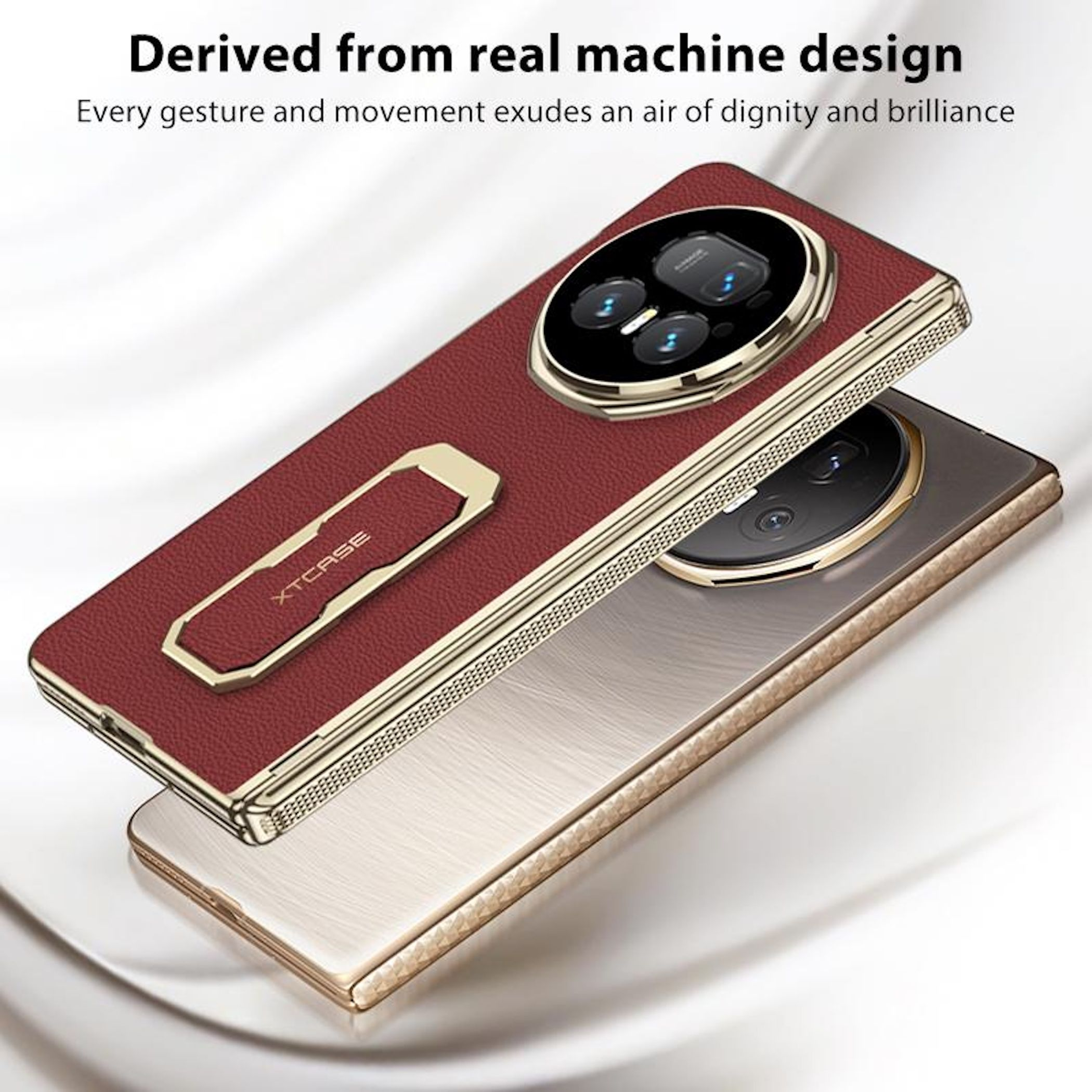 Ein rotes Handycover mit goldenem Ständer und Kamera-Ring, daneben ein Handy.