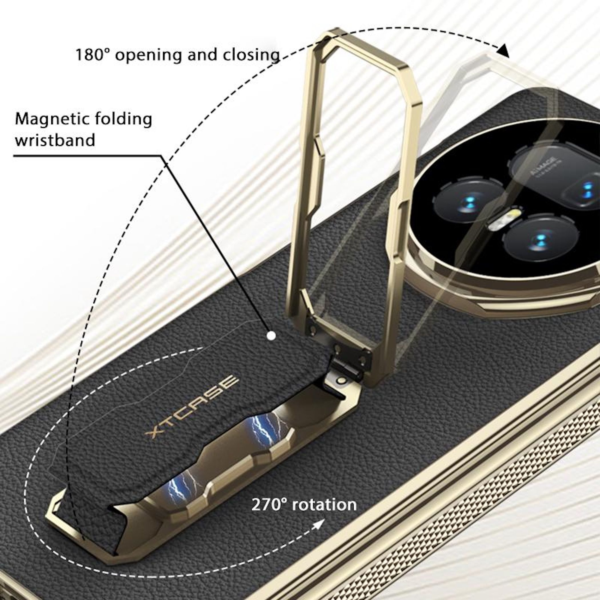 Goldener Handy-Ständer mit magnetischem Armband und 270° Drehung.