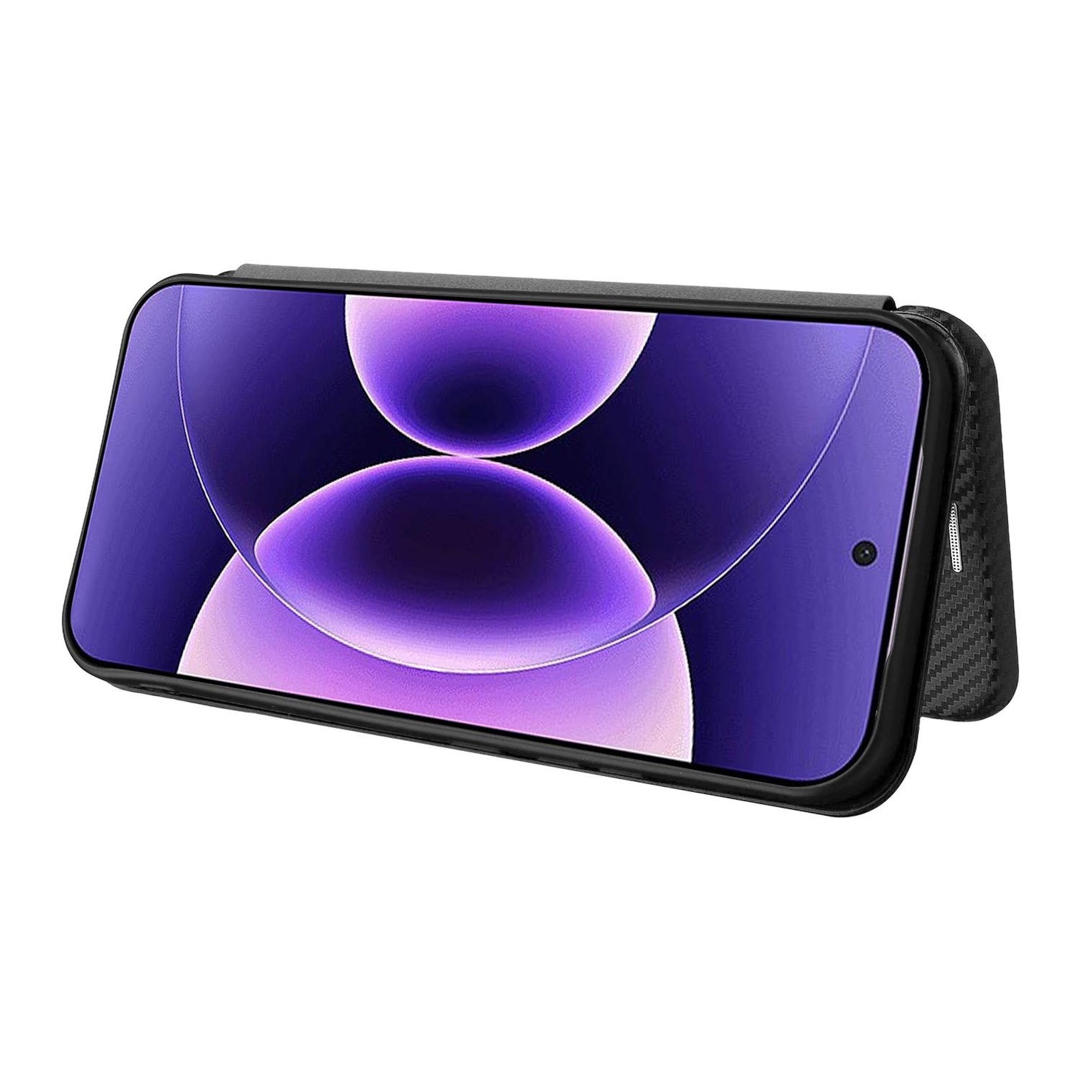 Ein Smartphone mit einem violetten Hintergrundbild im Querformat.
