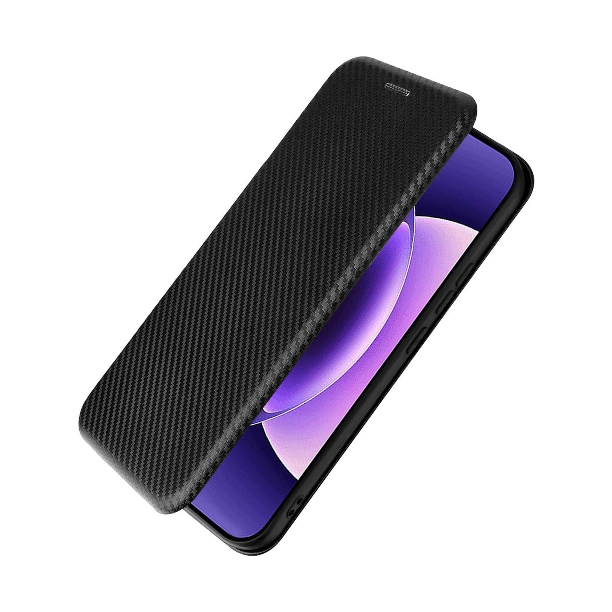 Schwarzes Handyhülle mit Karbonfasermuster auf einem Smartphone mit violettem Bildschirm.