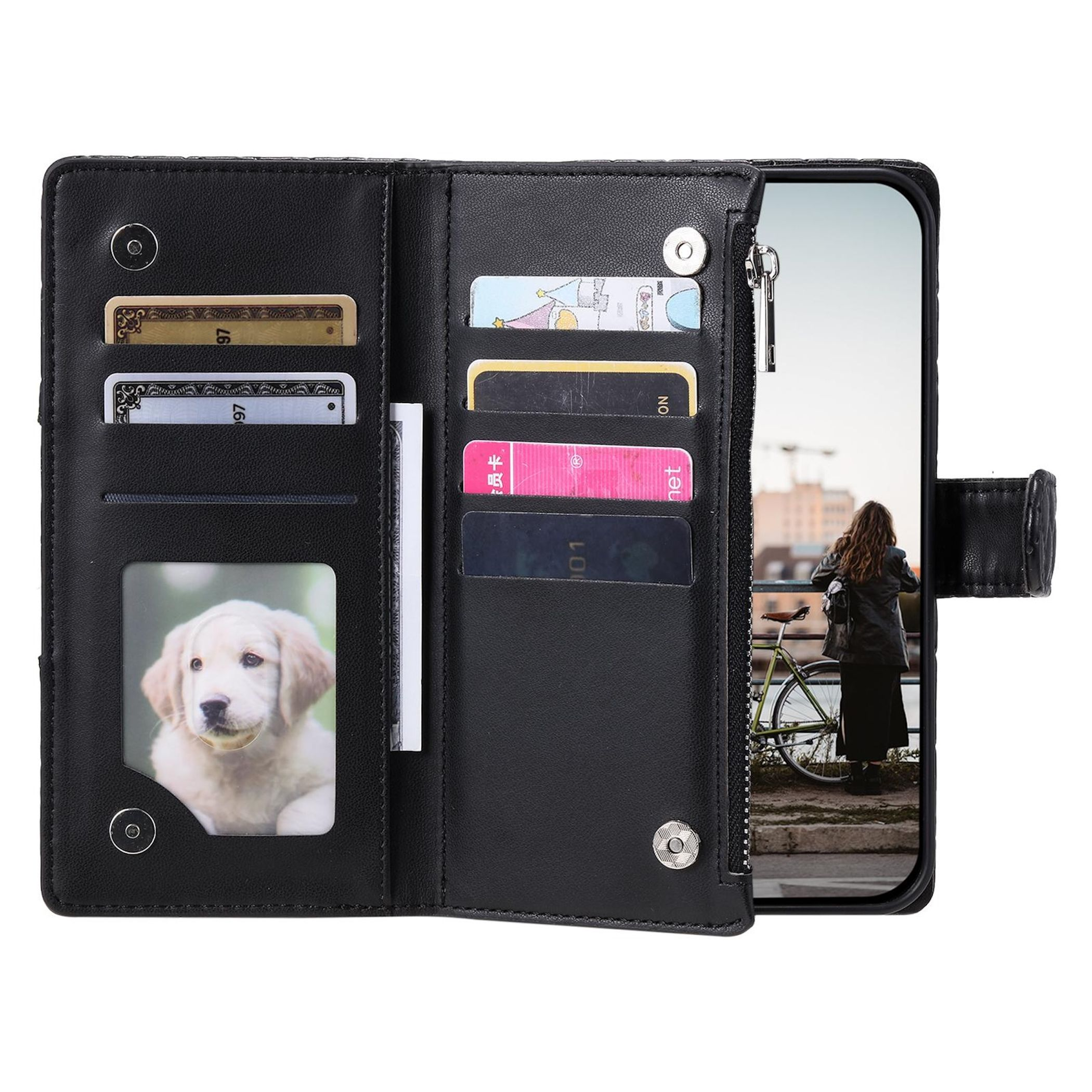 Schwarzes Portemonnaie mit Kartenfächern, Hundefoto und Smartphone mit Fahrrad und Frau.