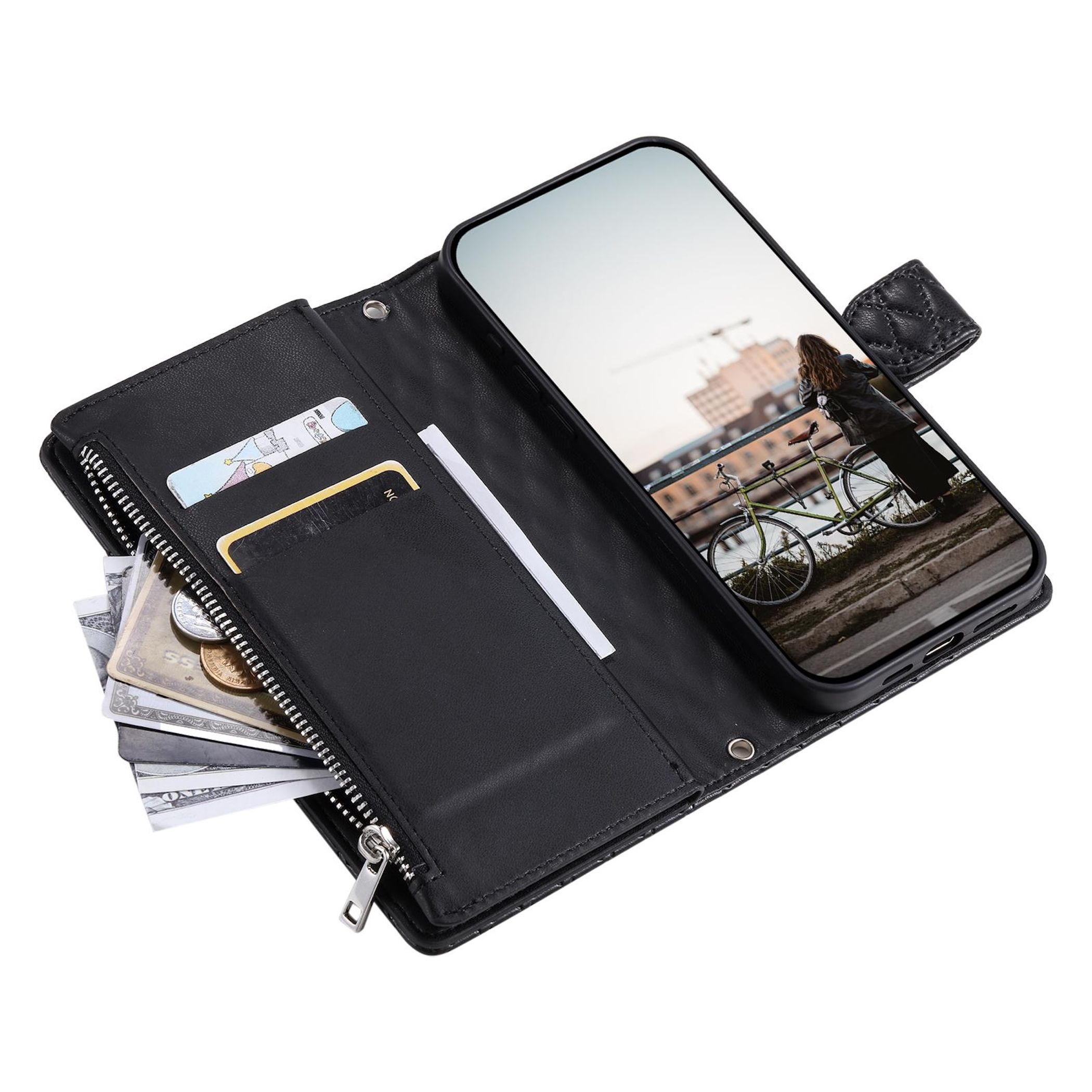 Schwarze Brieftasche mit Reißverschluss, Geld, Karten und einem Telefon mit Fahrradbild.