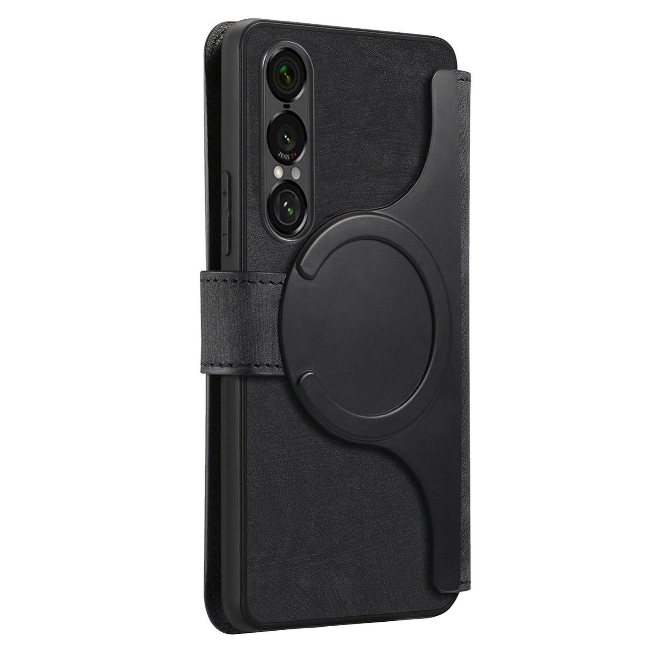 Schwarzes Handy mit einer Lederhülle und einem magnetischen Verschluss.