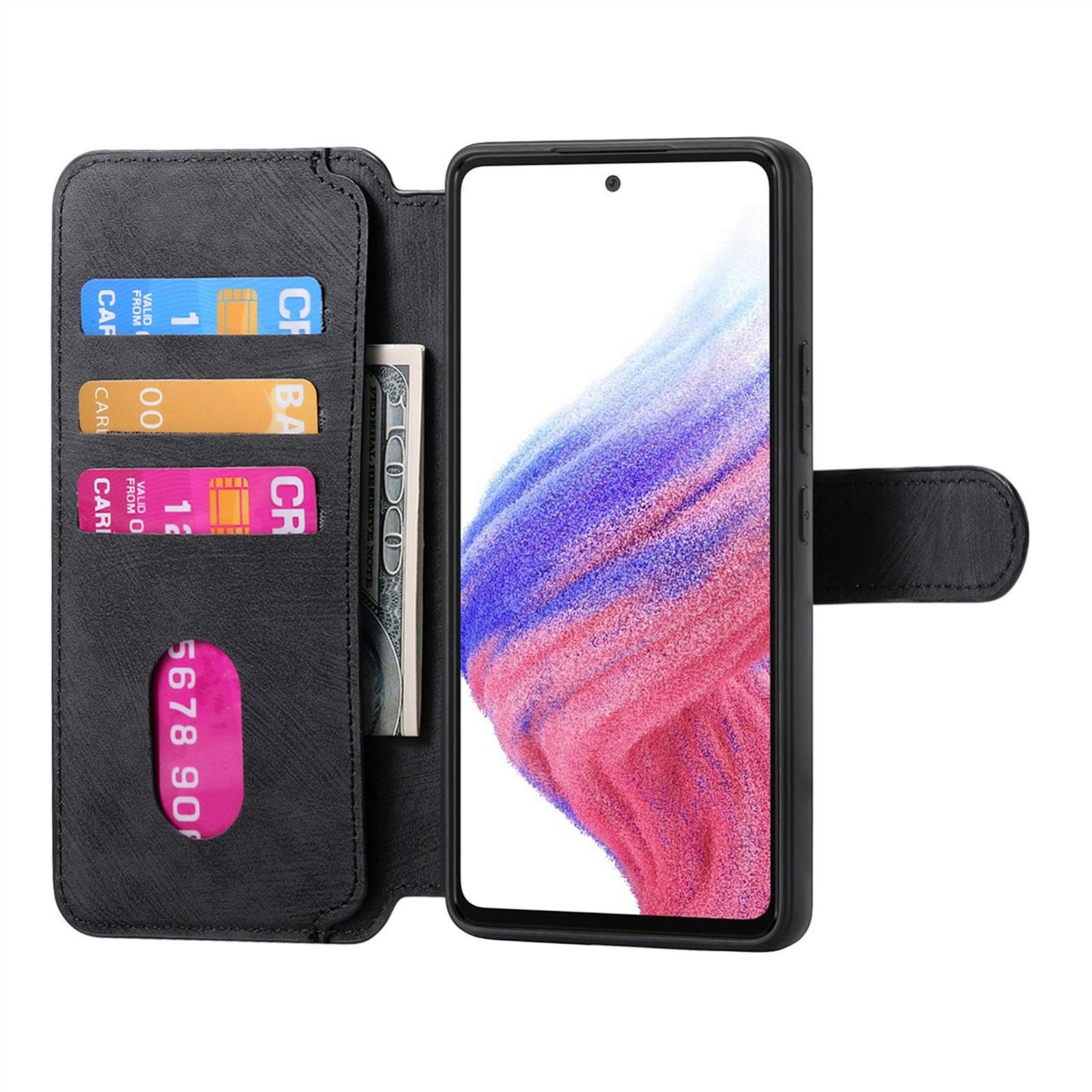 Schwarzes Handyhülle mit Kartenfächern und Geldscheinfach. Handy mit buntem Display.