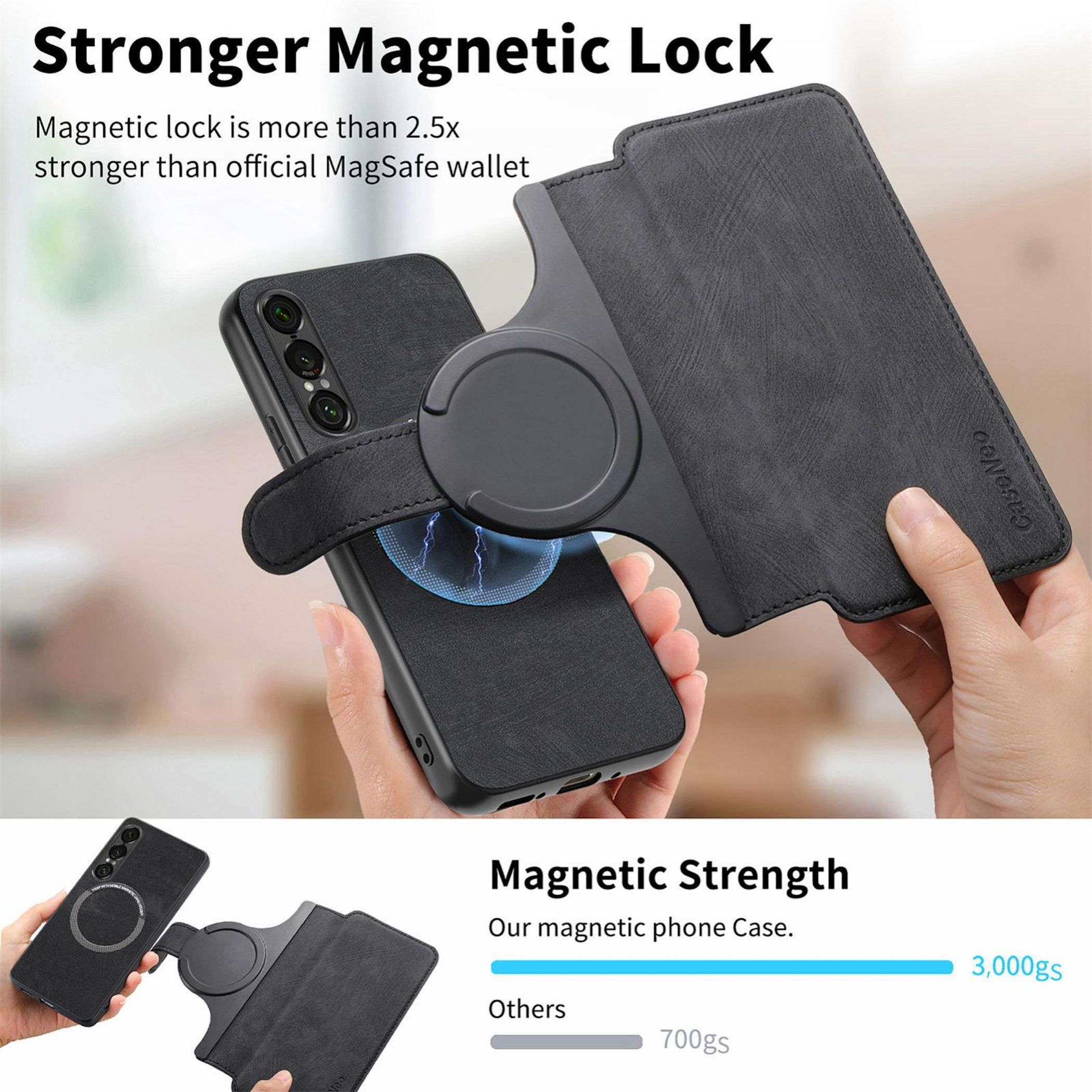 Schwarze Handyhülle mit Magnetschloss und Brieftaschenabdeckung. Magnetstärkevergleich.