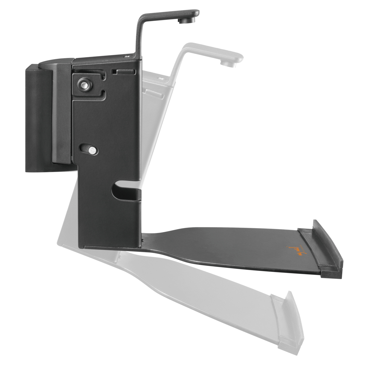 Ein schwarzer, verstellbarer Wandhalter für Lautsprecher oder andere Geräte.