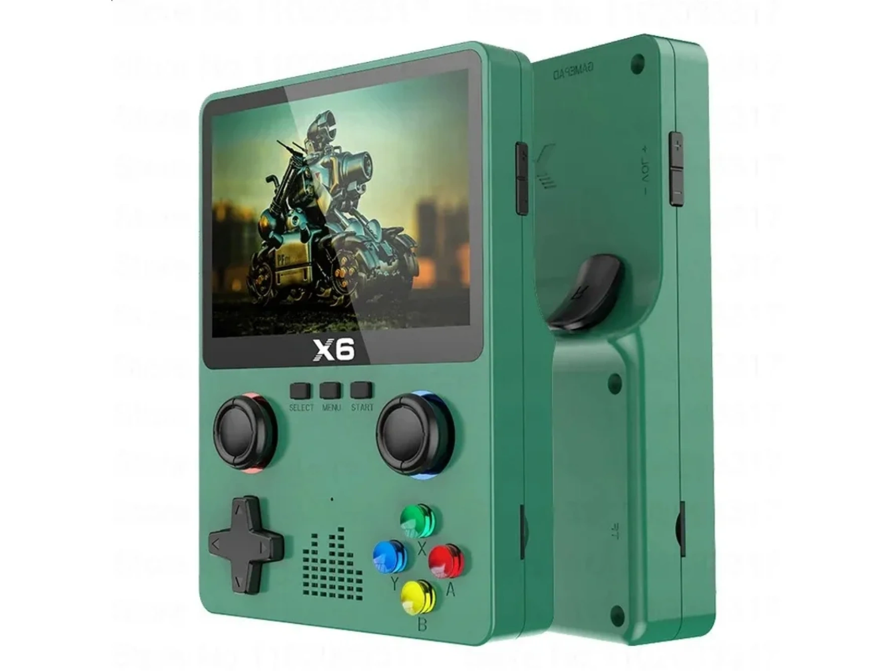 Grünes Handheld-Gerät mit Bildschirm, der ein Motorradfahrer-Spiel zeigt.