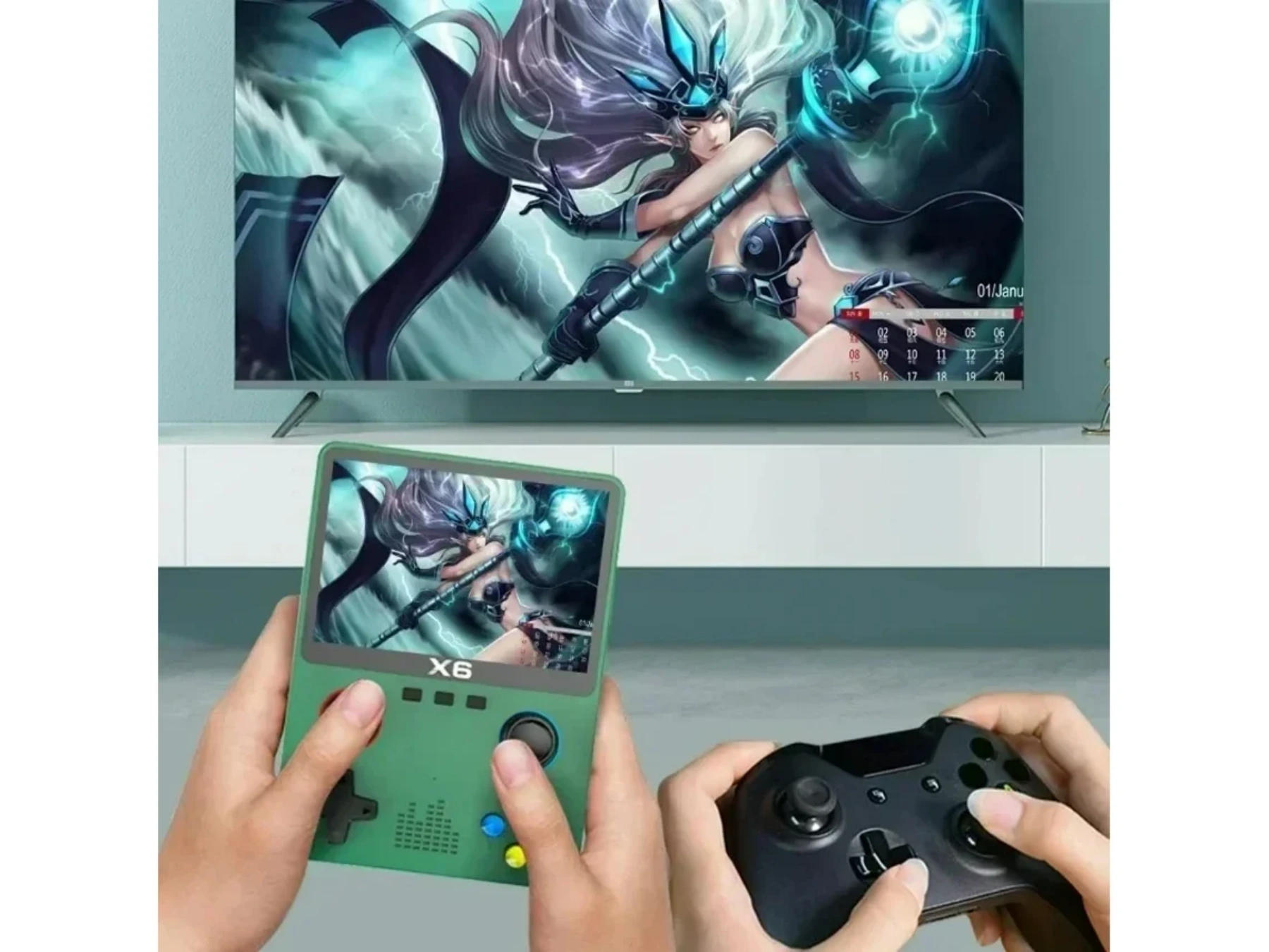 Grünes Handheld-Spielgerät und Controller vor einem Fernseher mit Spielgrafik.