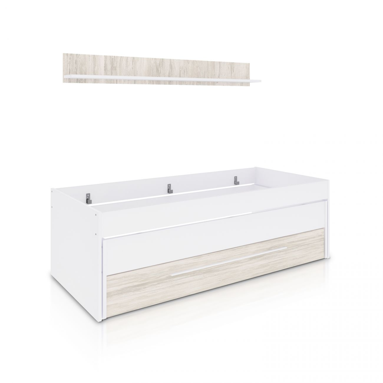 Un marco de cama blanco con cajones de madera y un estante.
