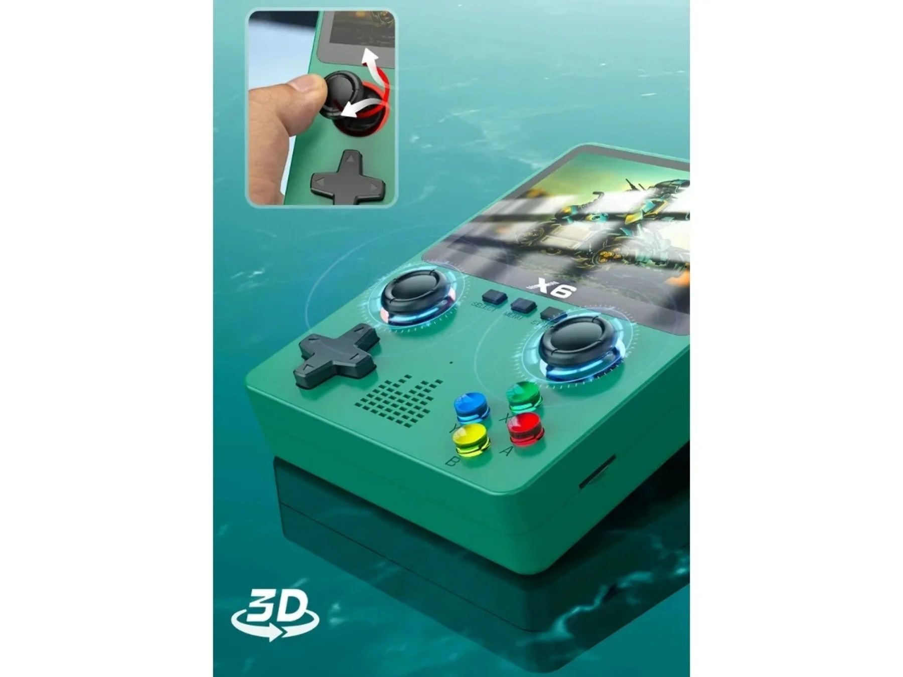 Grünes Handheld-Spielgerät mit Analogsticks, Steuerkreuz und bunten Tasten.