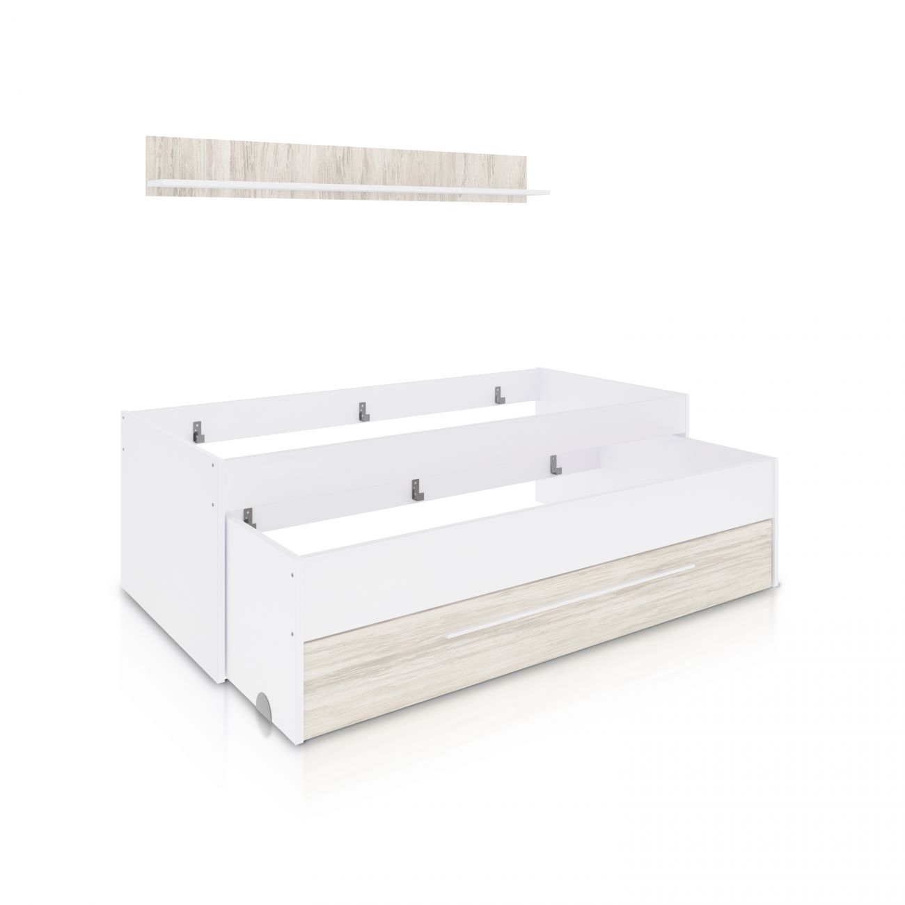 Una estructura de cama blanca con cajón y detalle de veta de madera. Un estante encima.