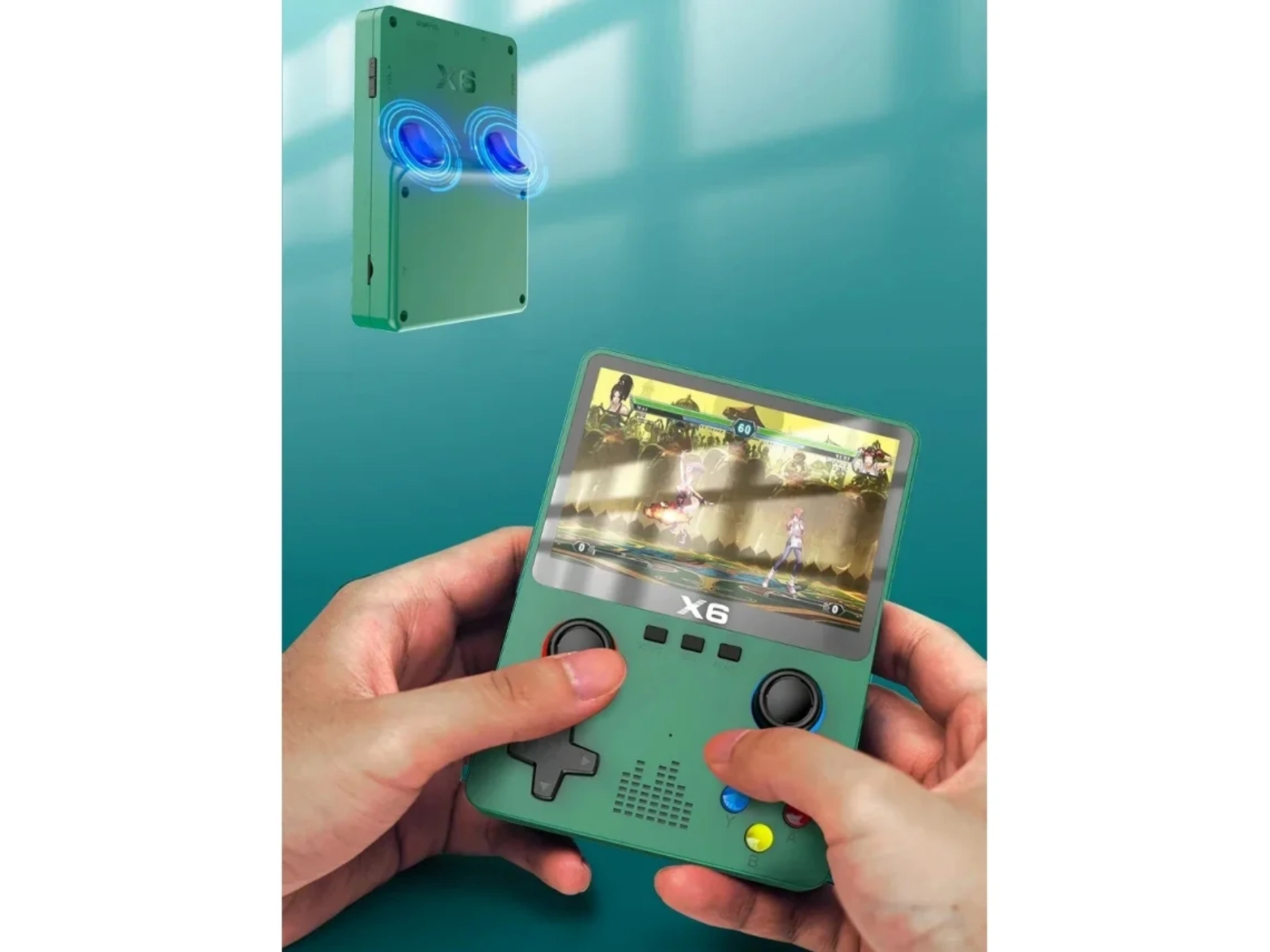 Grüne Handheld-Konsole spielt ein Kampfspiel. Eine zweite Konsole schwebt.