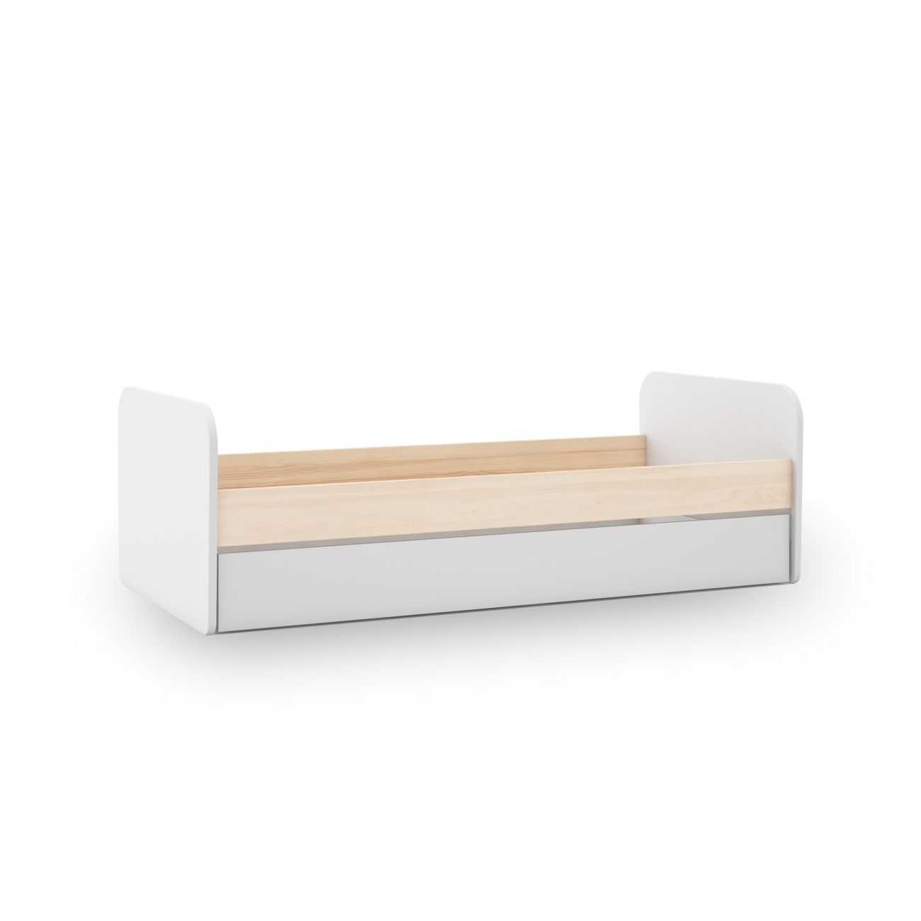 Estructura de cama blanca con somier de madera y cabeceros blancos.
