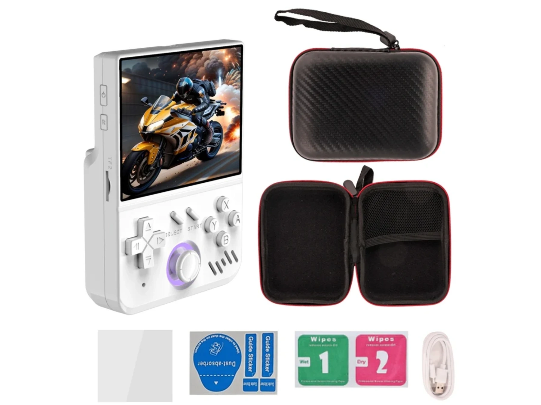 Ein weißes Handheld-Spielgerät mit einem Motorradspiel auf dem Bildschirm. Zubehör: Hüllen, Tücher und Kabel.