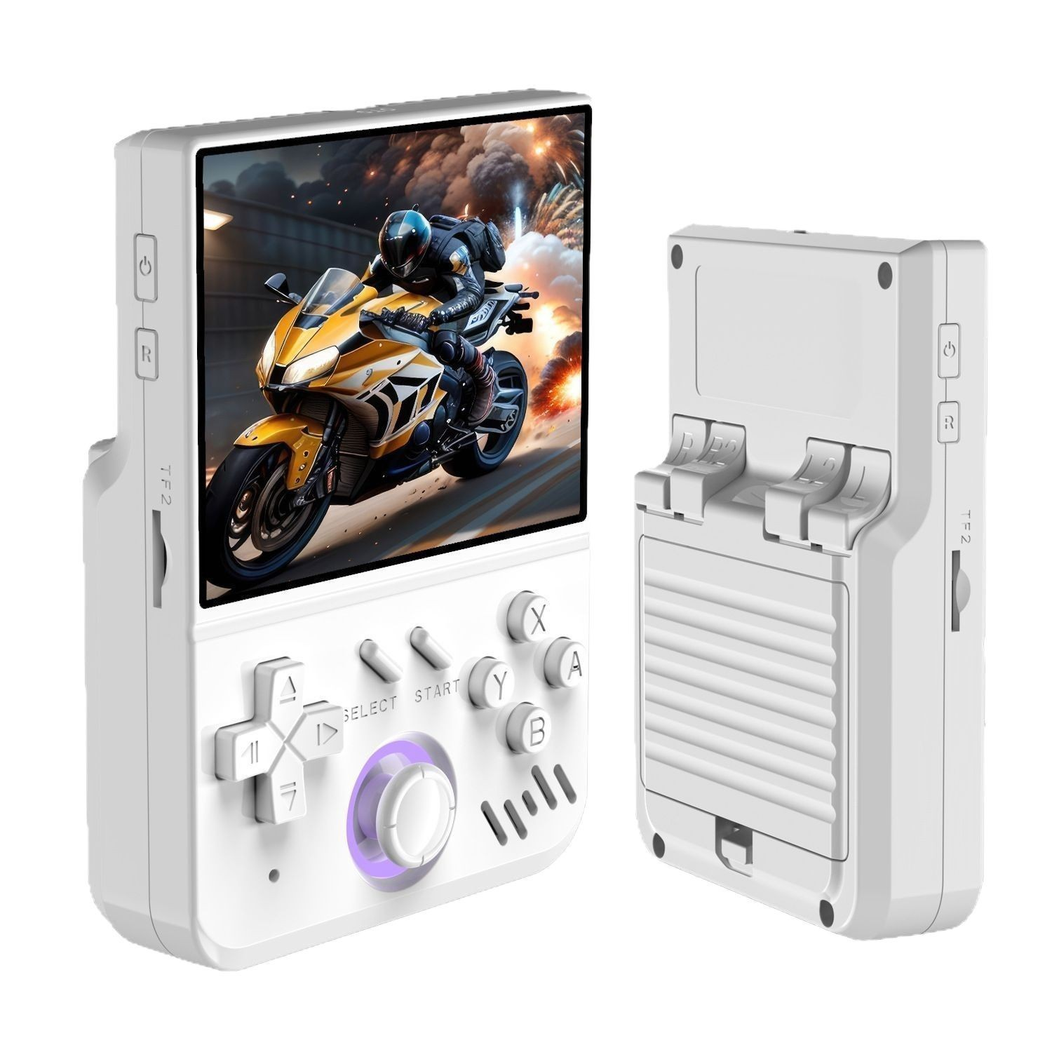 Ein weißes Handheld-Gerät zeigt ein Spiel mit einem Motorradfahrer. Rückseite mit Ladeanschlüssen.